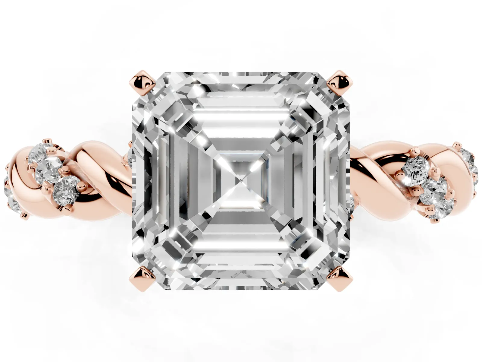 Asscher Cut Diamond Solitaire Ring with Twisted Band and Pavé Accents Rose gold
