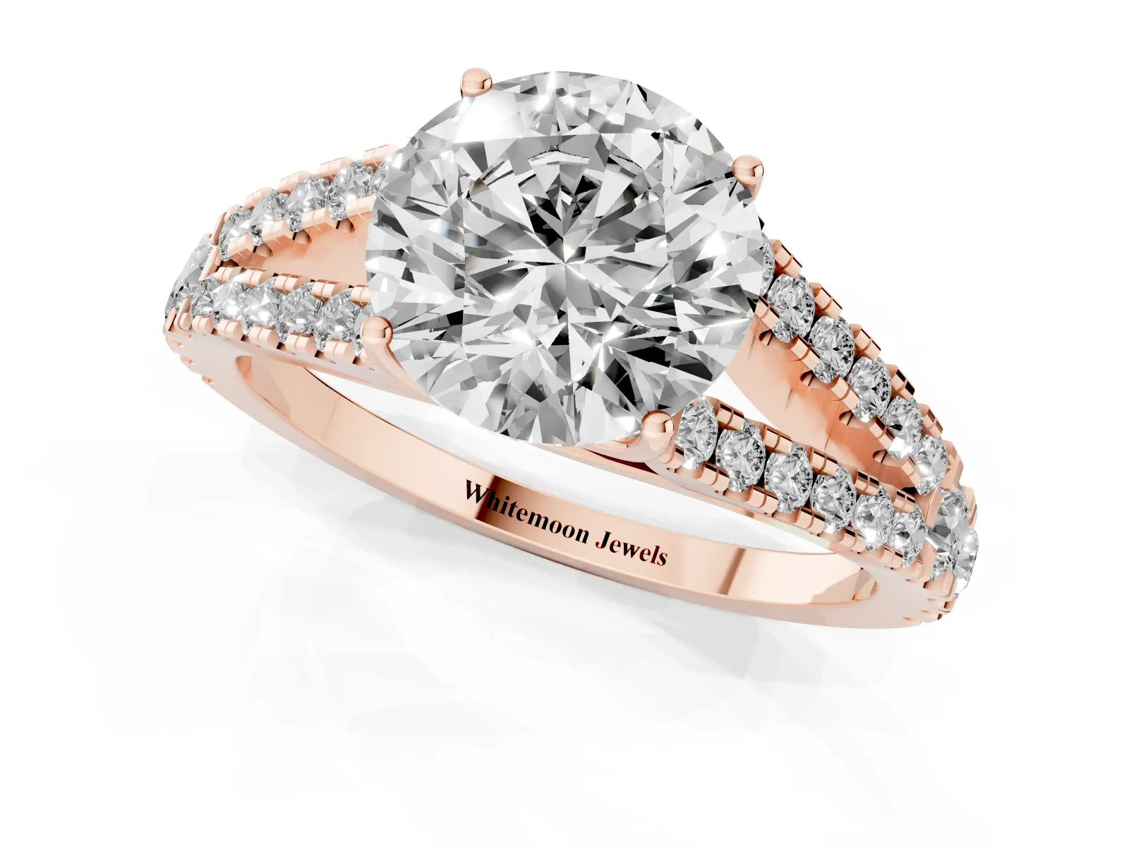 Round Cut Diamond Split Shank Engagement Ring with Round Pavé and Prong Setting Rose gold
