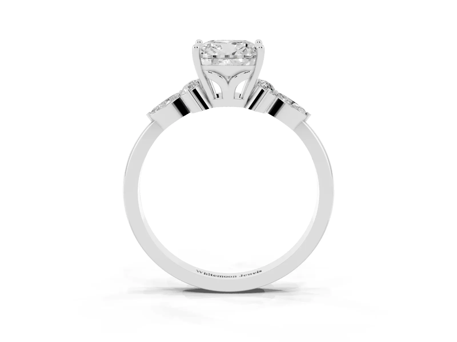 Cushion Cut Brilliant Diamond Solitaire Ring with Pear Side Stones and Four-Prong Setting Platinum