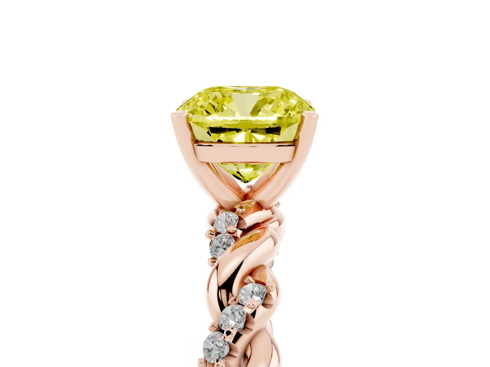 Fancy Yellow Cushion Cut Diamond Solitaire Ring with Twisted Band and Pavé Accents Rose gold