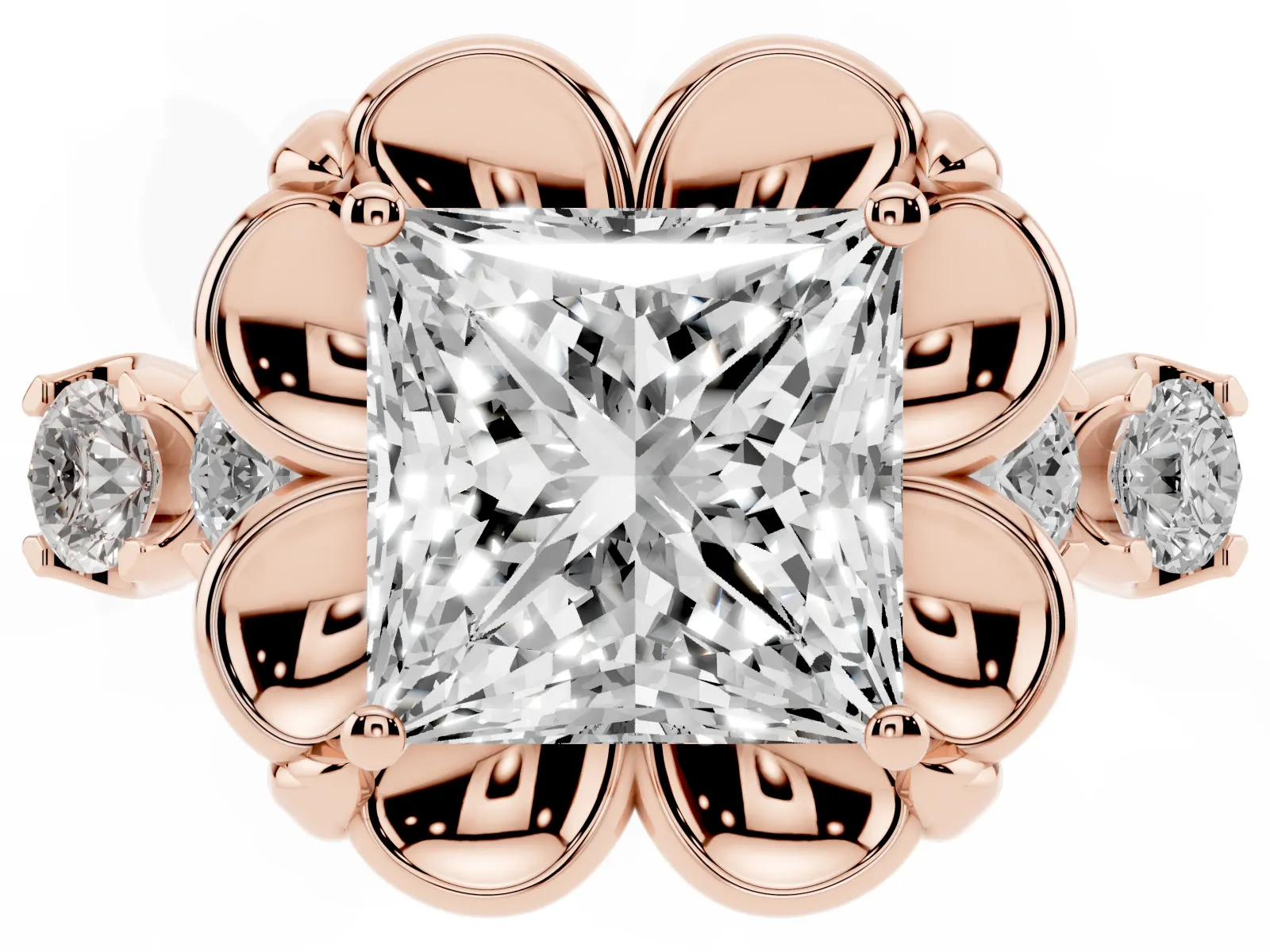 Princess Cut Cut Diamond Floral Halo Engagement Ring with Shared Prong Setting Rose gold