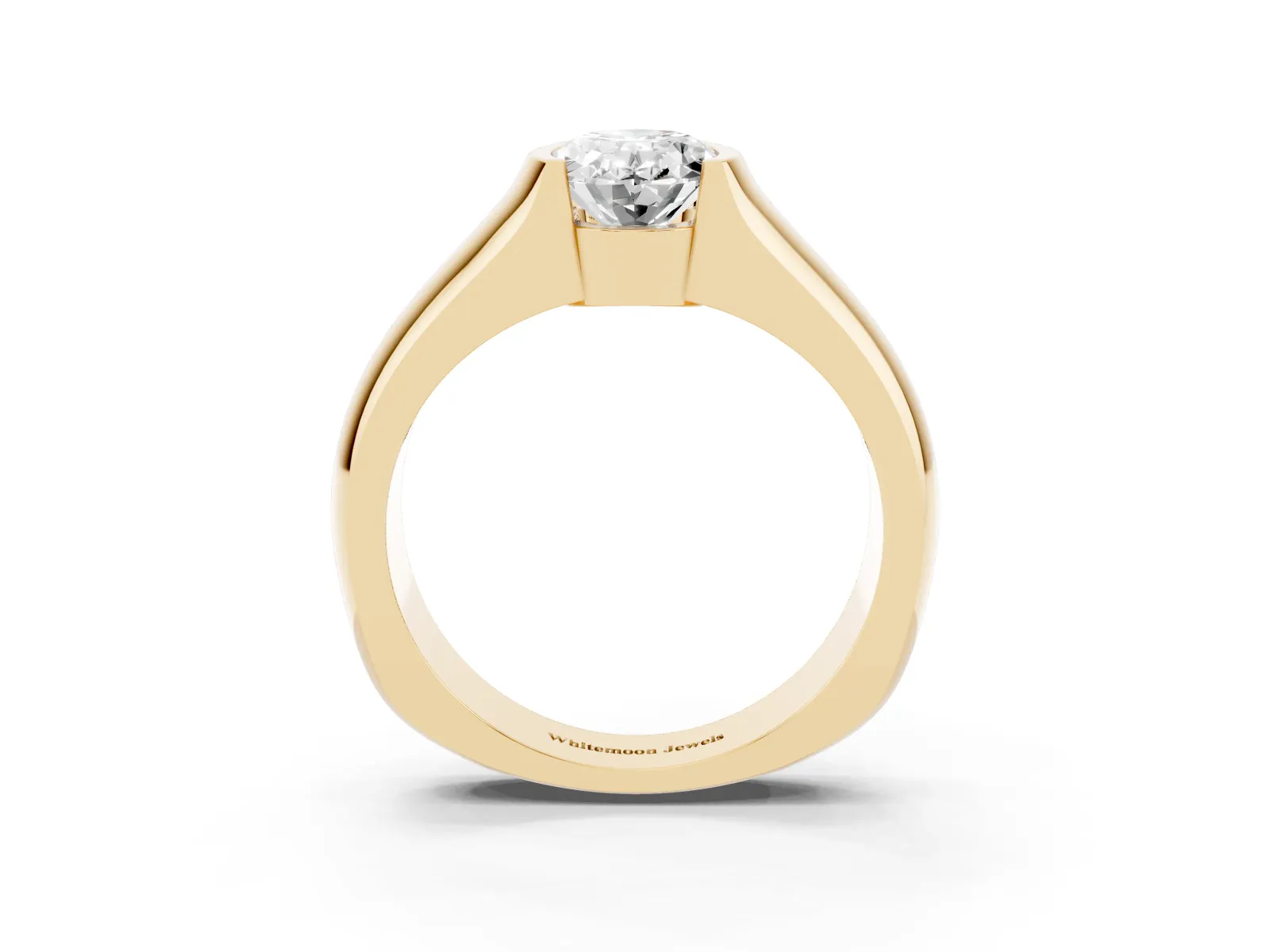 Oval Cut Solitaire Bezel Set Diamond Ring with Wide Band Yellow gold