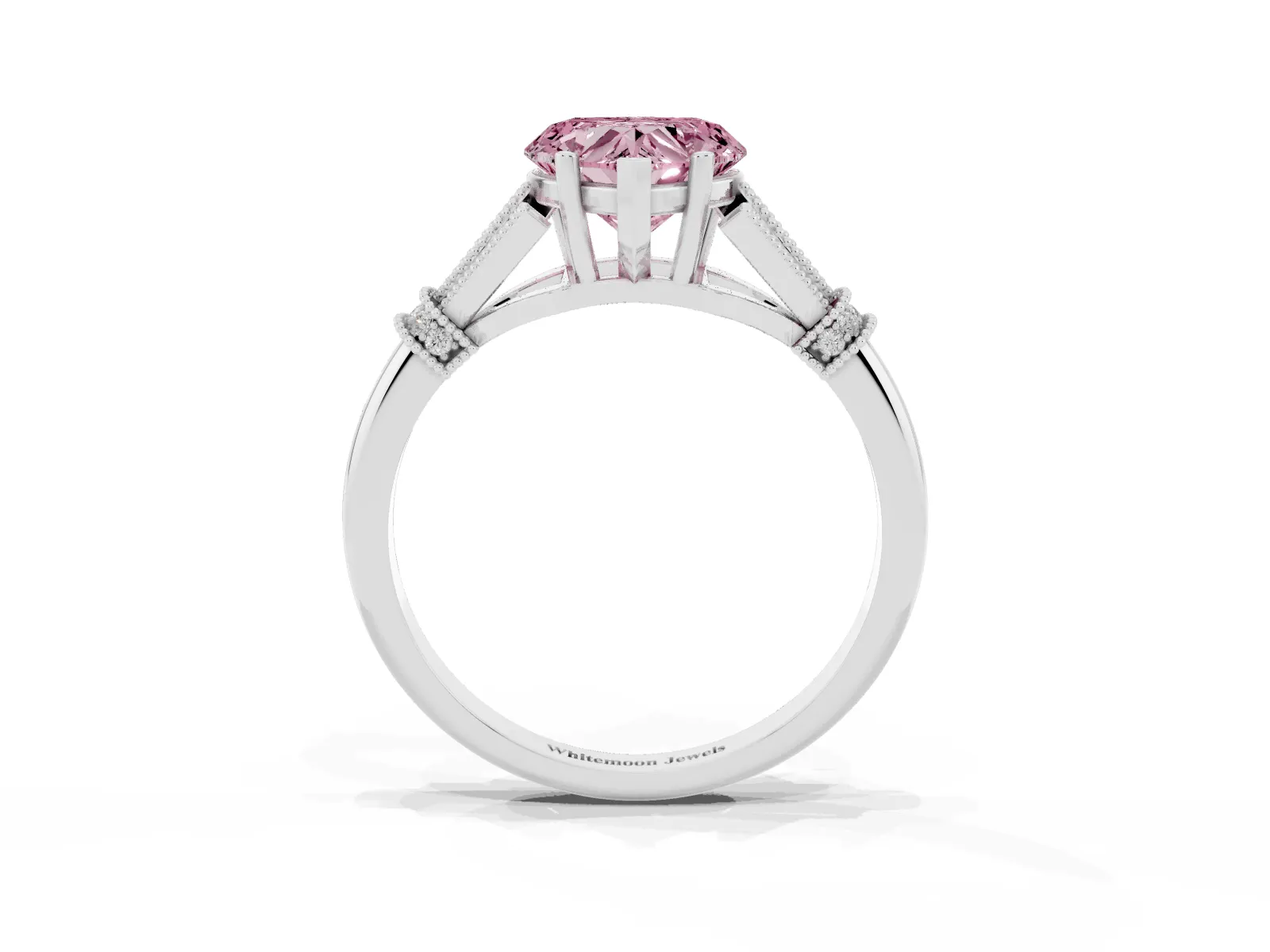 Fancy Pink Heart Cut Diamond Solitaire Ring with Floral Filigree and Pave Accents Platinum