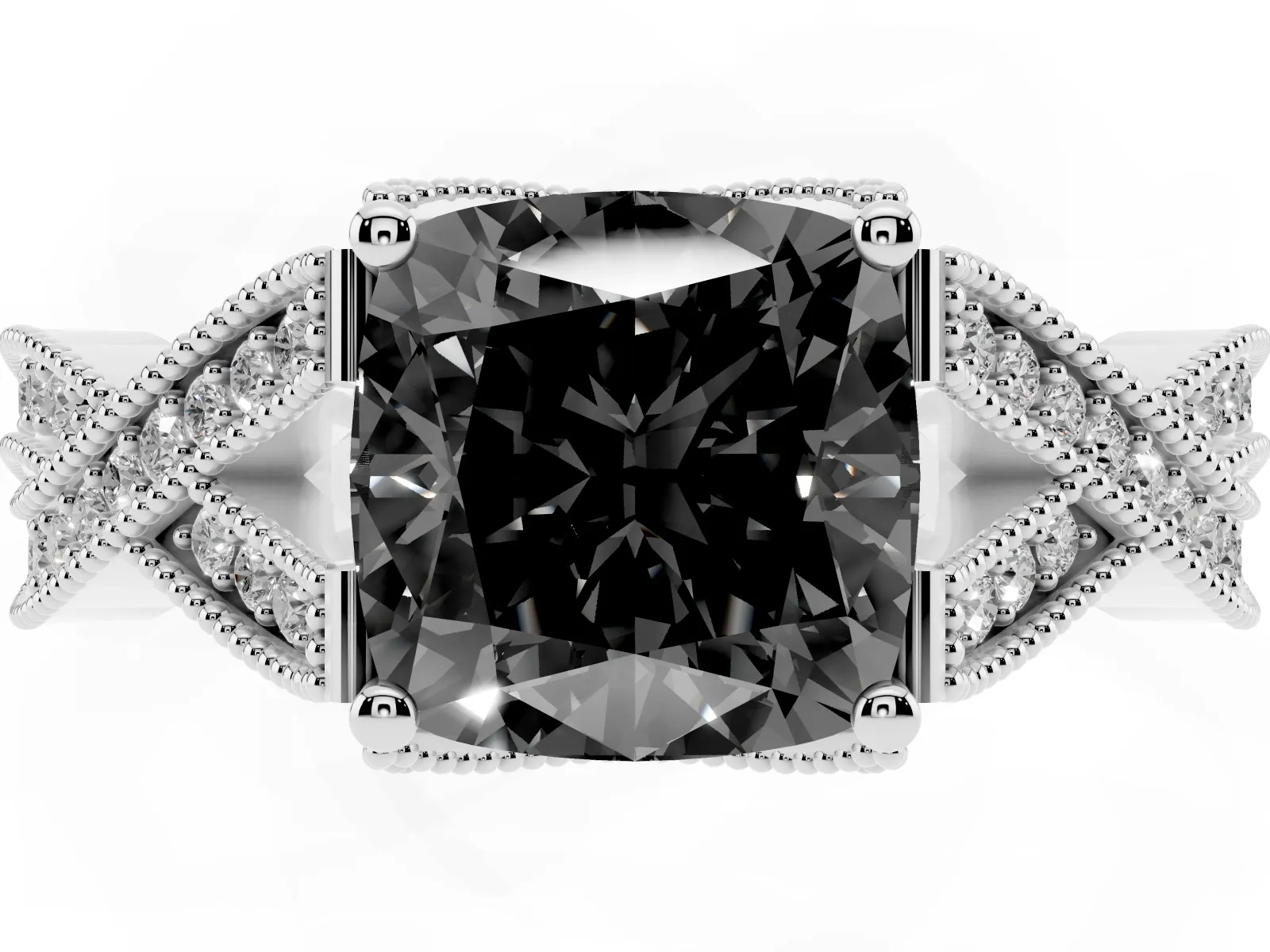 Fancy Black Cushion Cut Cut Diamond Twisted Band with Milgrain Pave Setting and Four-Prong Setting Platinum
