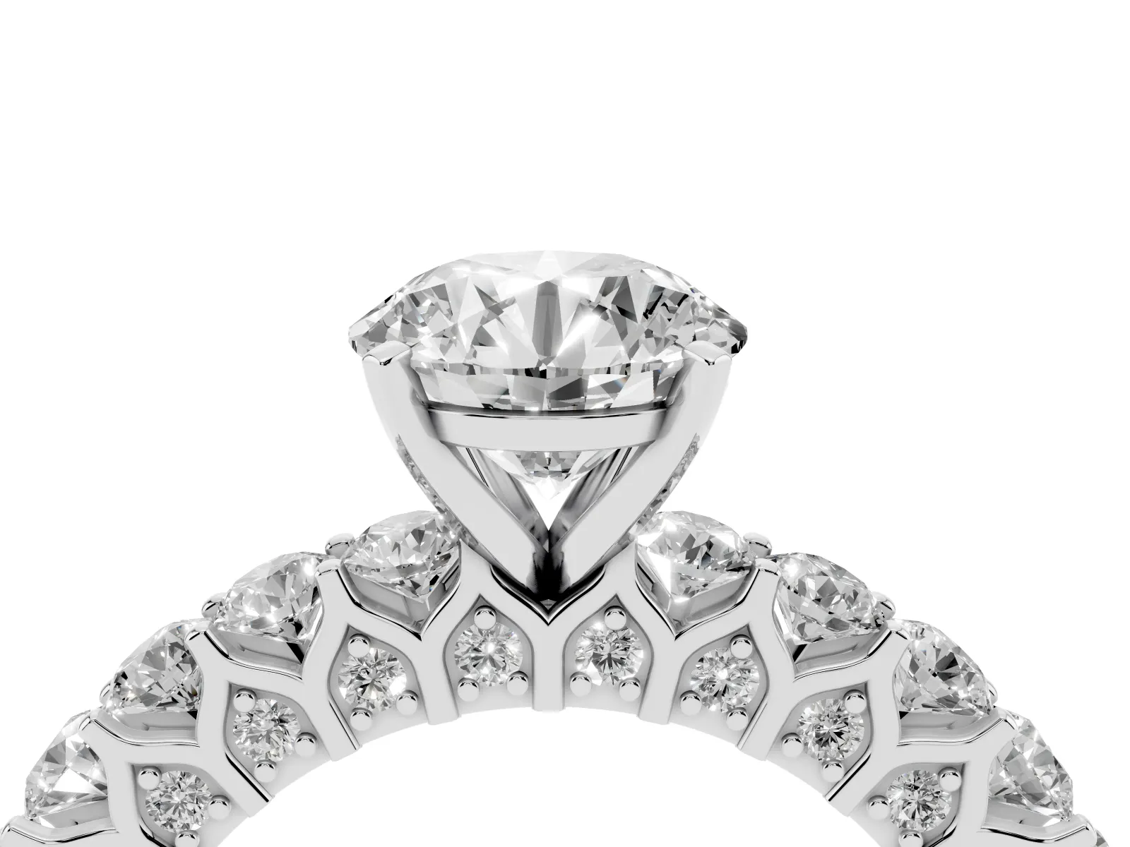 Round Cut Diamond Solitaire Ring with Shared Prong Pavé Band and Four-Prong Setting White gold