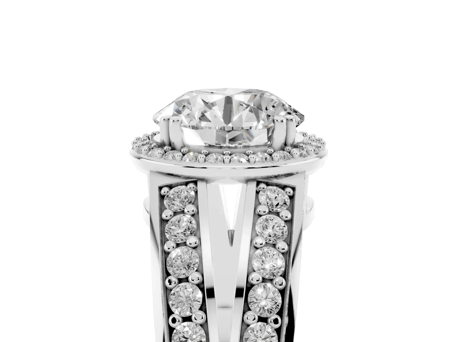 Round Cut Diamond Halo Ring with Split Shank Pavé Band and Four-Prong Setting Platinum