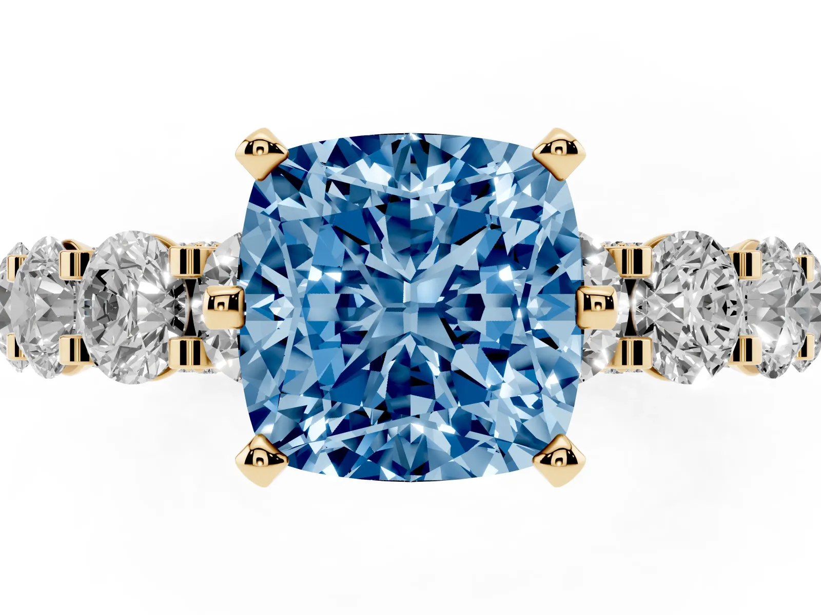 Fancy Blue Cushion Cut Diamond Side Stone Engagement Ring with Four-Prong Setting Yellow gold