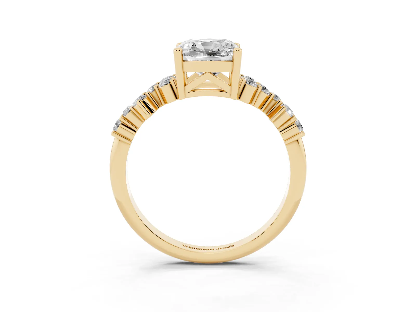 Cushion Cut Diamond Scattered Round Accent Ring with Prong Setting Yellow gold