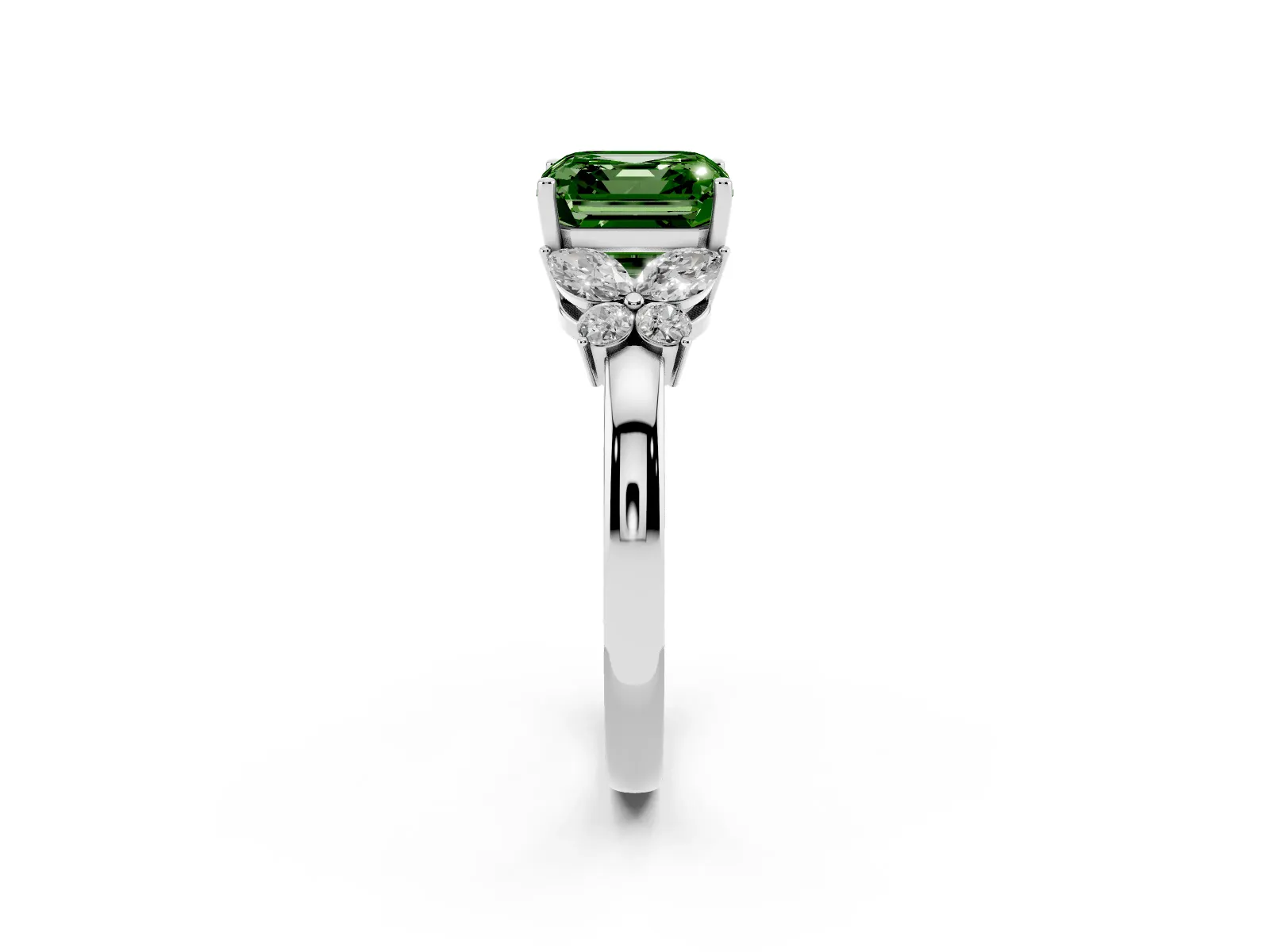 Fancy Green Asscher Cut Cut Solitaire Floral Diamond Ring with Four-Prong Setting Platinum