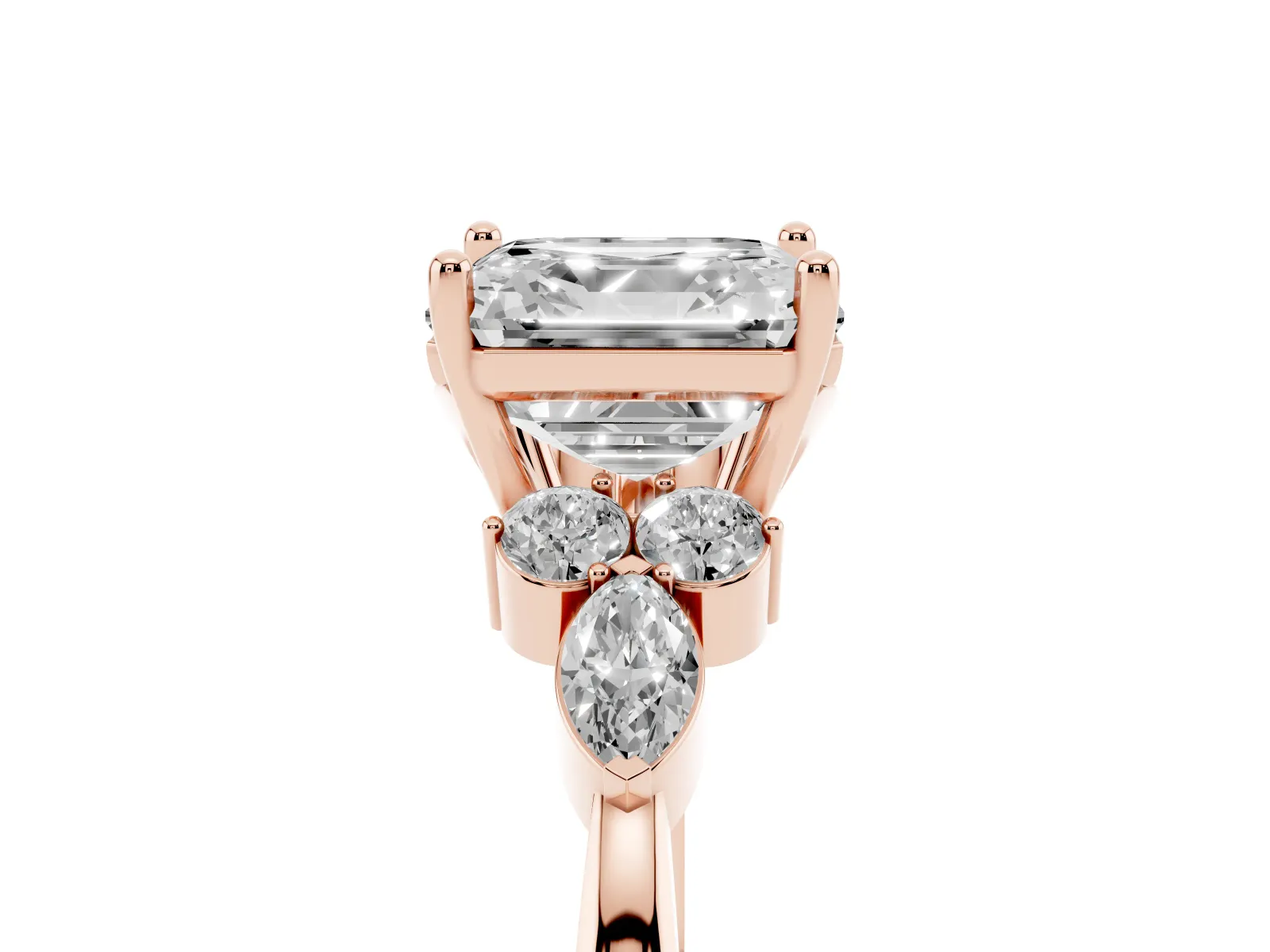 Asscher Cut Brilliant Diamond Solitaire Ring with Pear Side Stones and Four-Prong Setting Rose gold