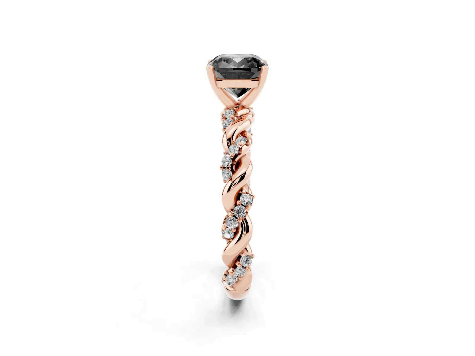 Fancy Black Cushion Cut Diamond Solitaire Ring with Twisted Band and Pavé Accents Rose gold
