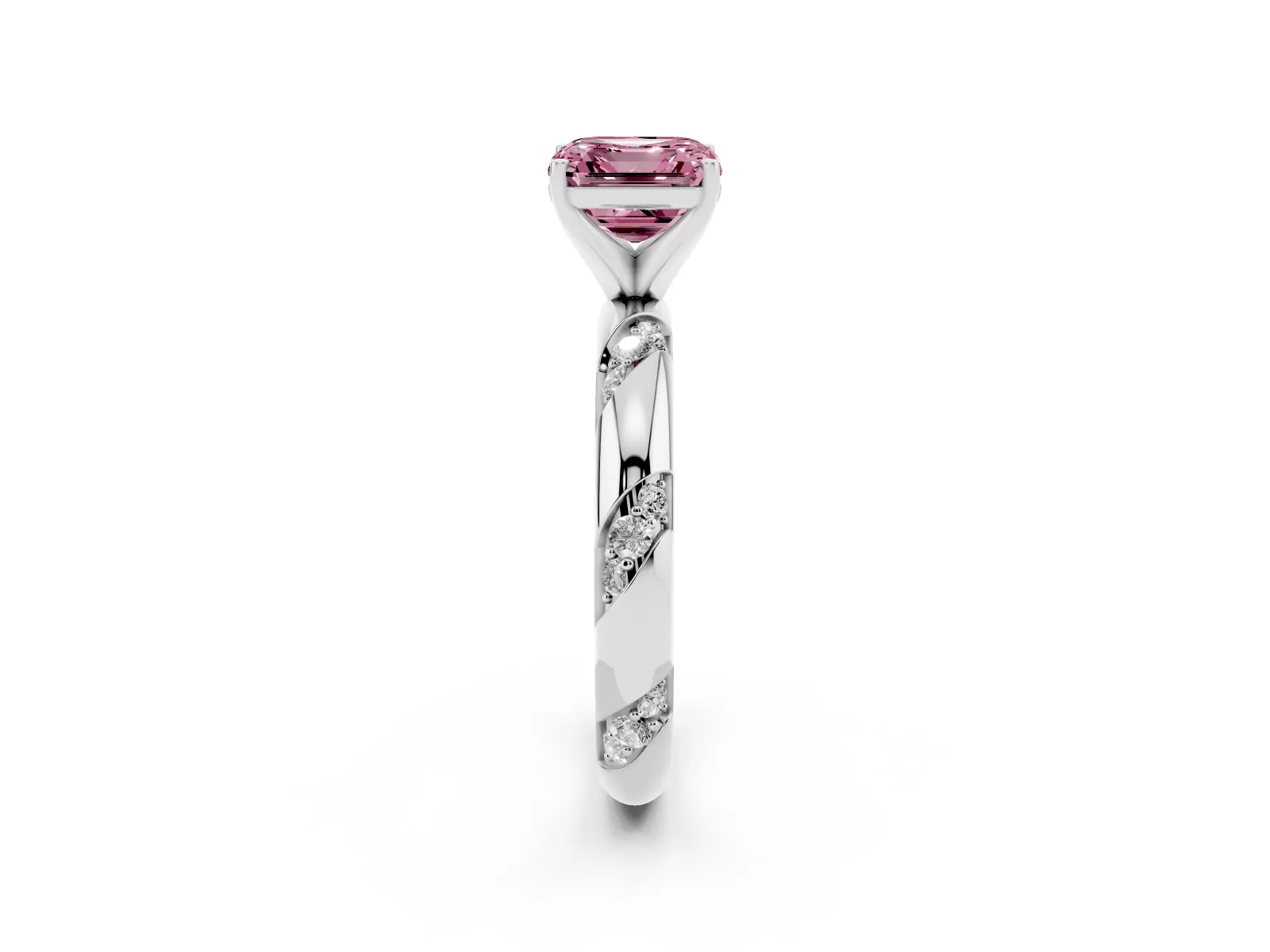 Fancy Pink Asscher Cut Diamond Solitaire Engagement Ring with Twisted Round Accent Band and Prong Setting Platinum