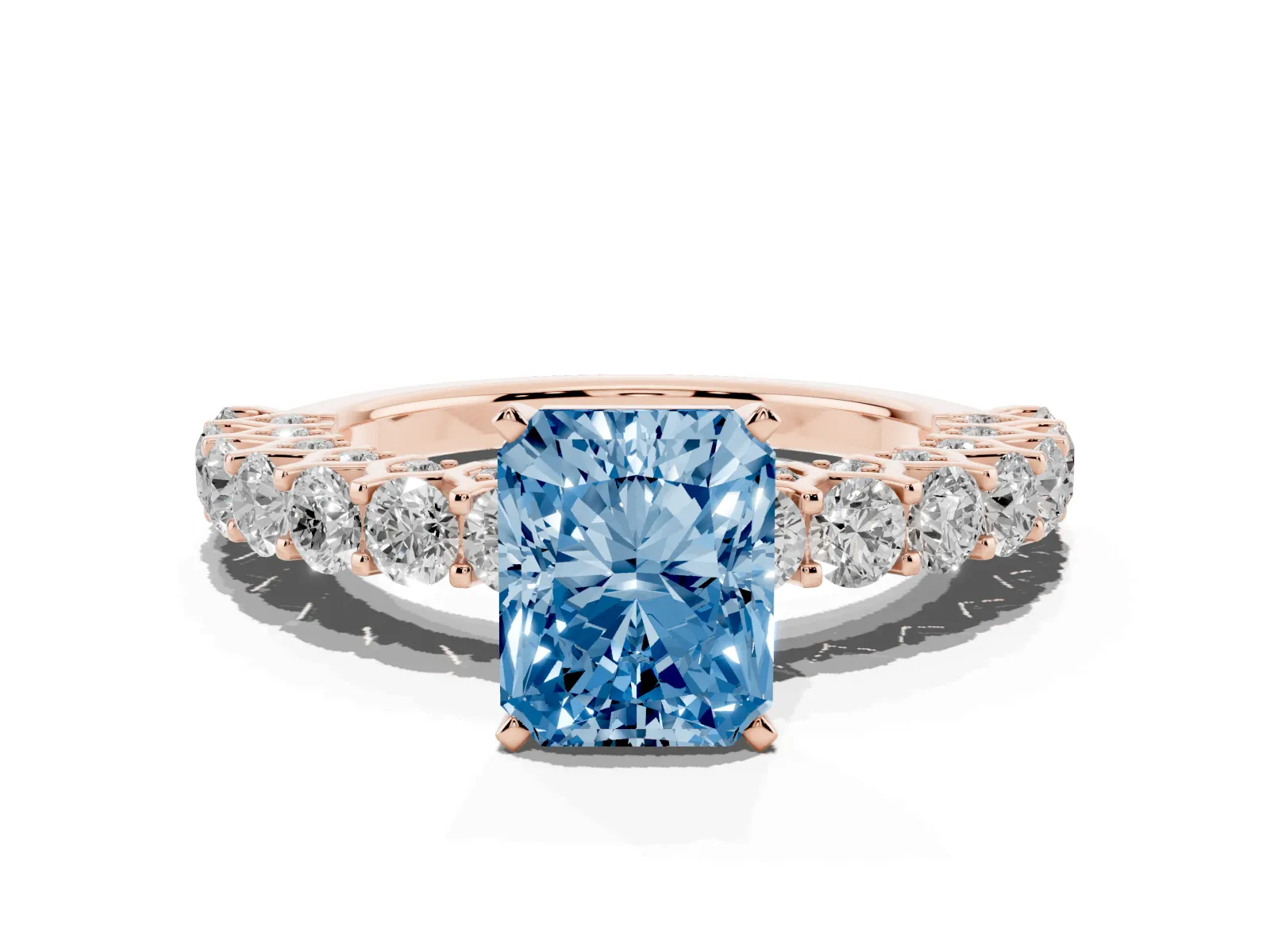 Fancy Blue Radiant Cut Diamond Solitaire Ring with Shared Prong Pavé Band and Four-Prong Setting Rose gold