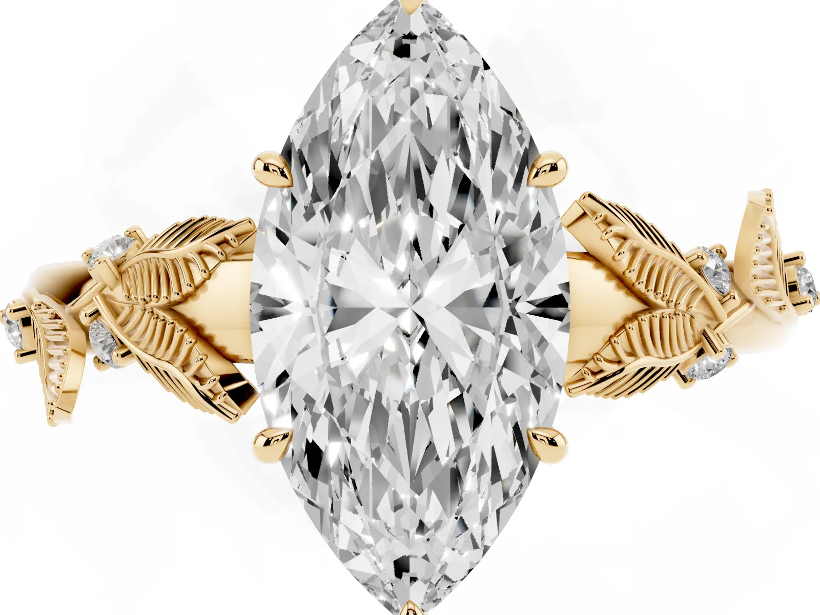 Marquise Cut Diamond Solitaire Ring with Leaf Motif Band and Four-Prong Setting Yellow gold