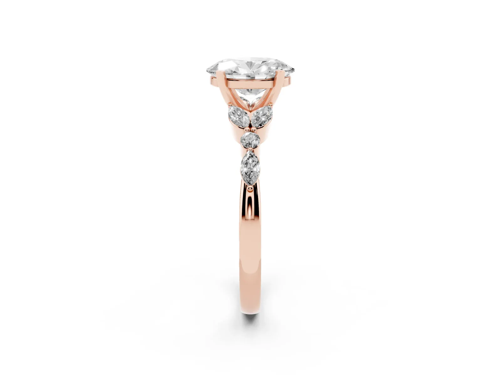 Oval Cut Diamond Solitaire Ring with Side Stones and Four-Prong Setting Rose gold