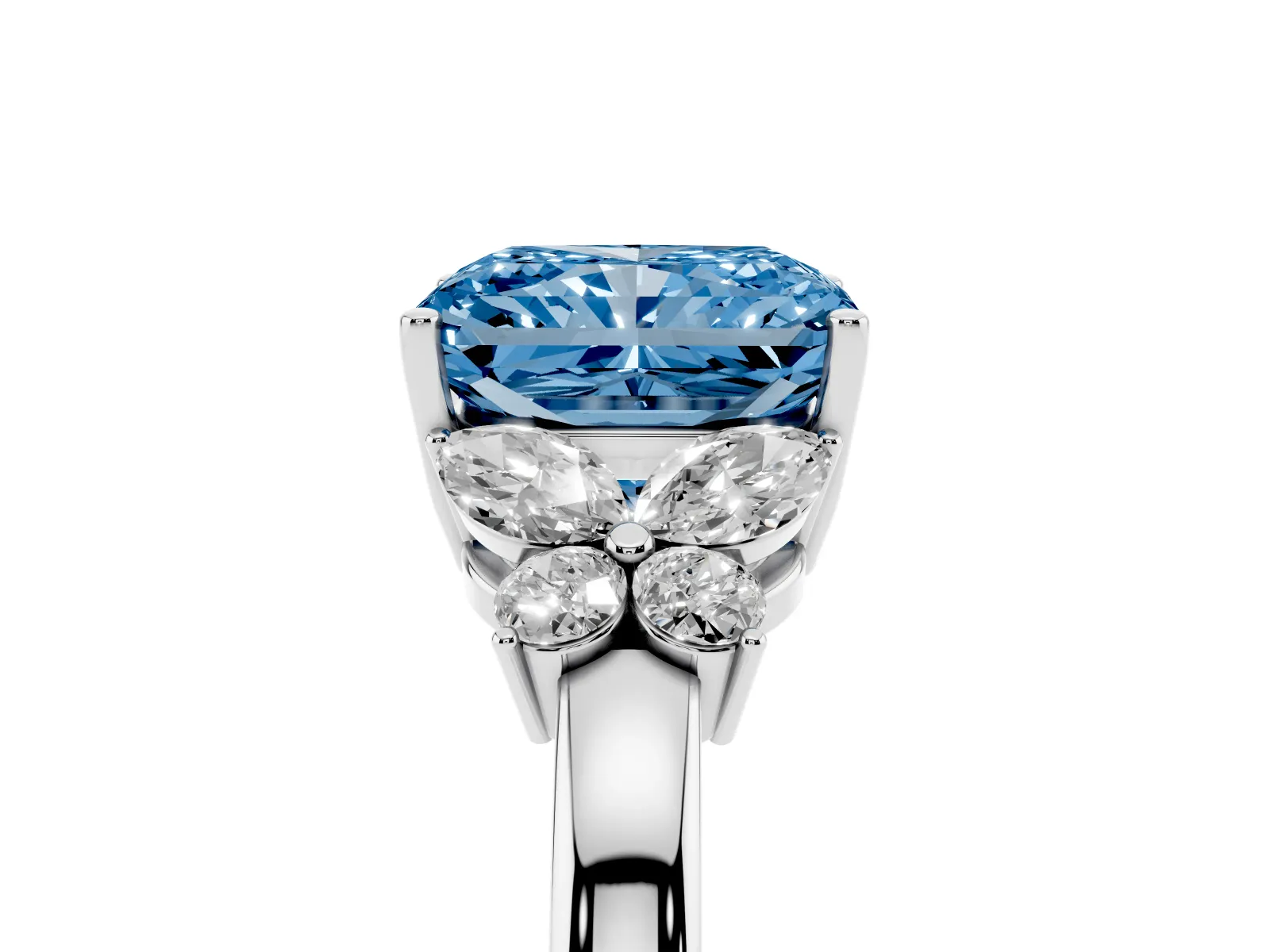 Fancy Blue Radiant Cut Cut Solitaire Floral Diamond Ring with Four-Prong Setting Platinum