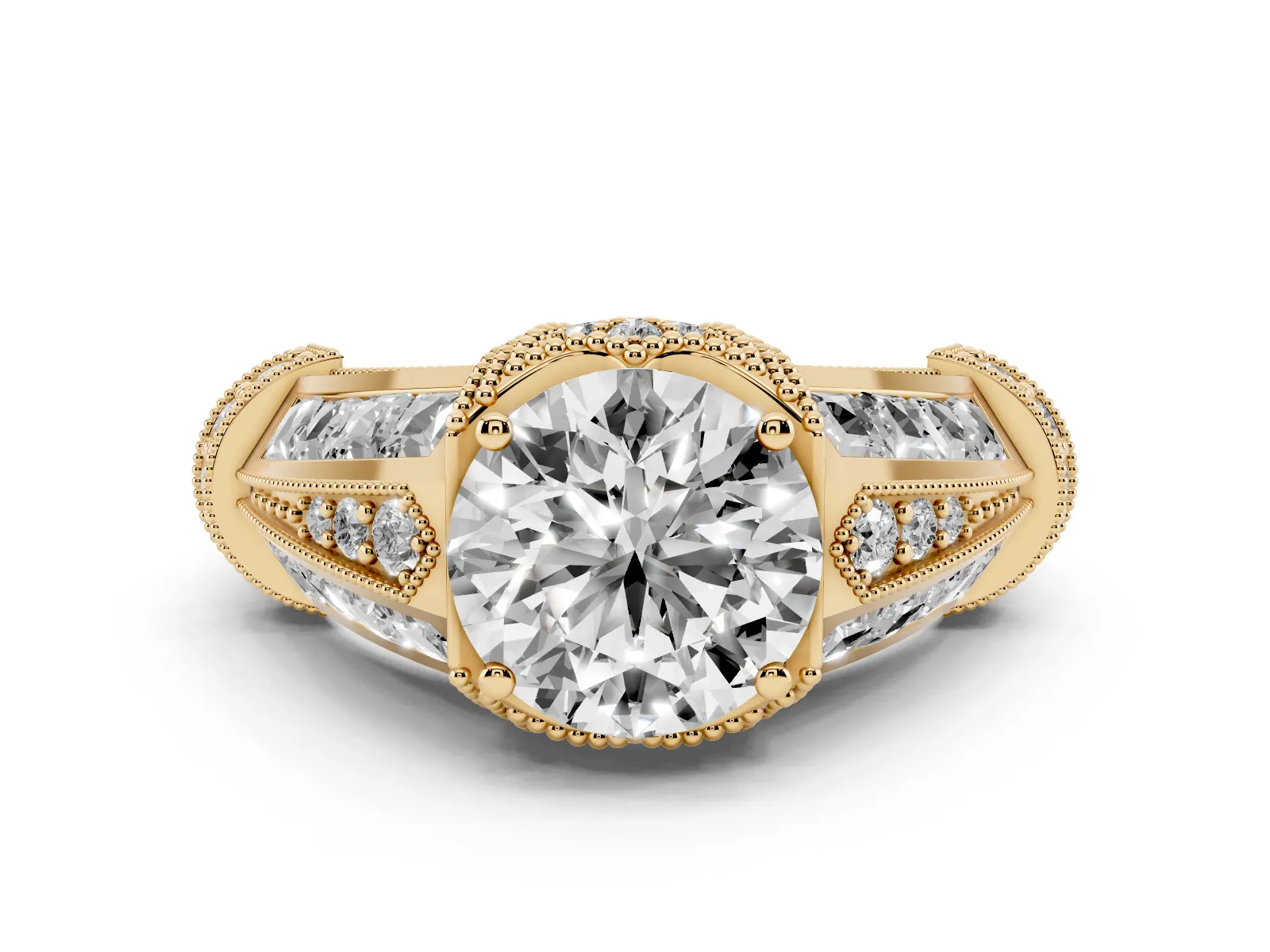 Vintage Milgrain Round Cut Diamond Split Shank Ring with Prong Setting Yellow gold