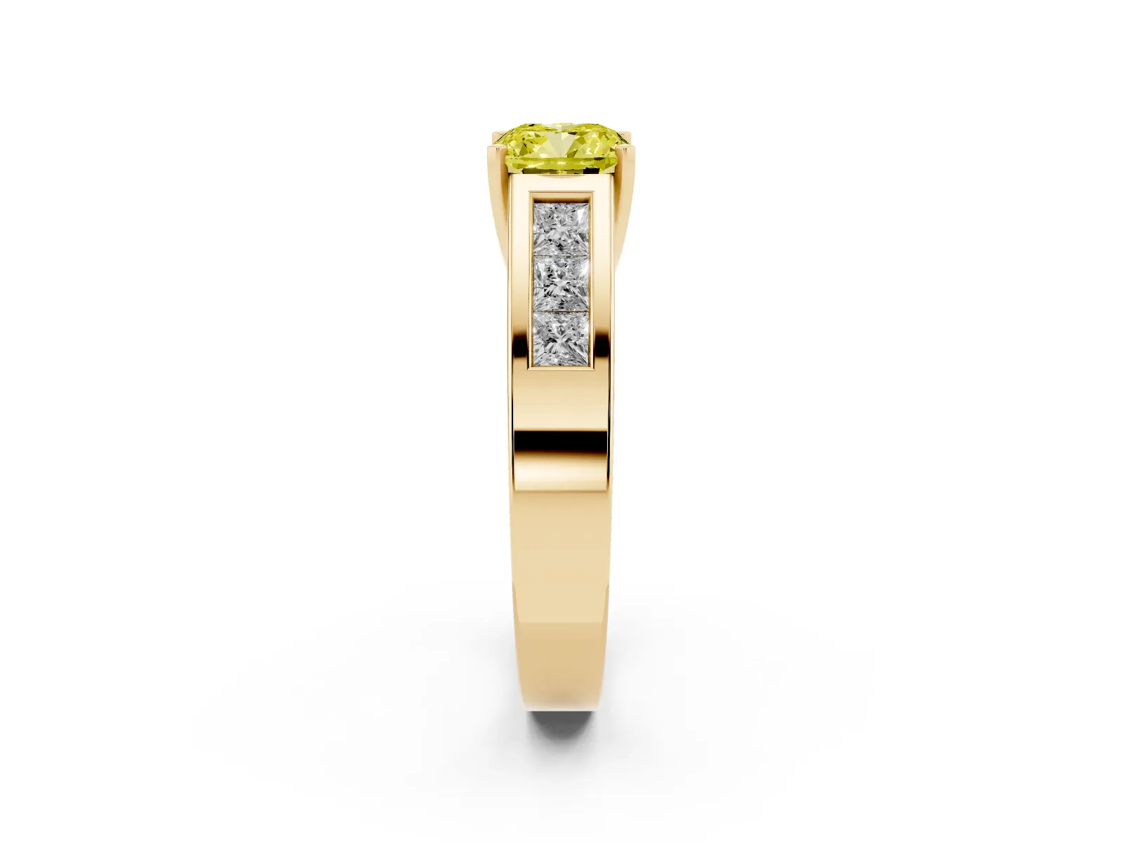 Fancy Yellow Cushion Cut Cut Channel Set Solitaire Ring with Four-Prong Setting Yellow gold