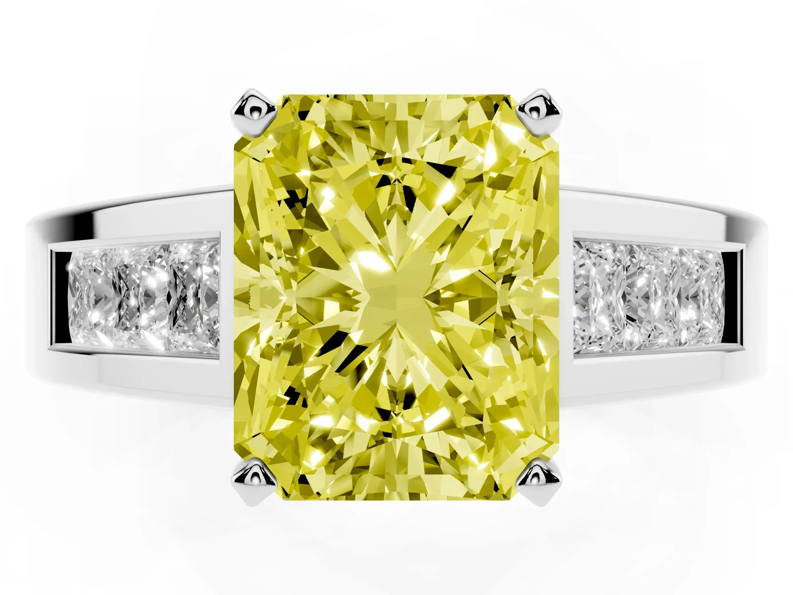 Fancy Yellow Radiant Cut Cut Channel Set Solitaire Ring with Four-Prong Setting Platinum