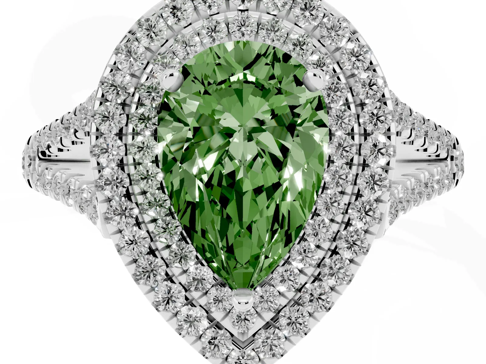 Fancy Green Pear Cut Diamond Double Halo Ring with Pavé Band and Prong Setting Platinum