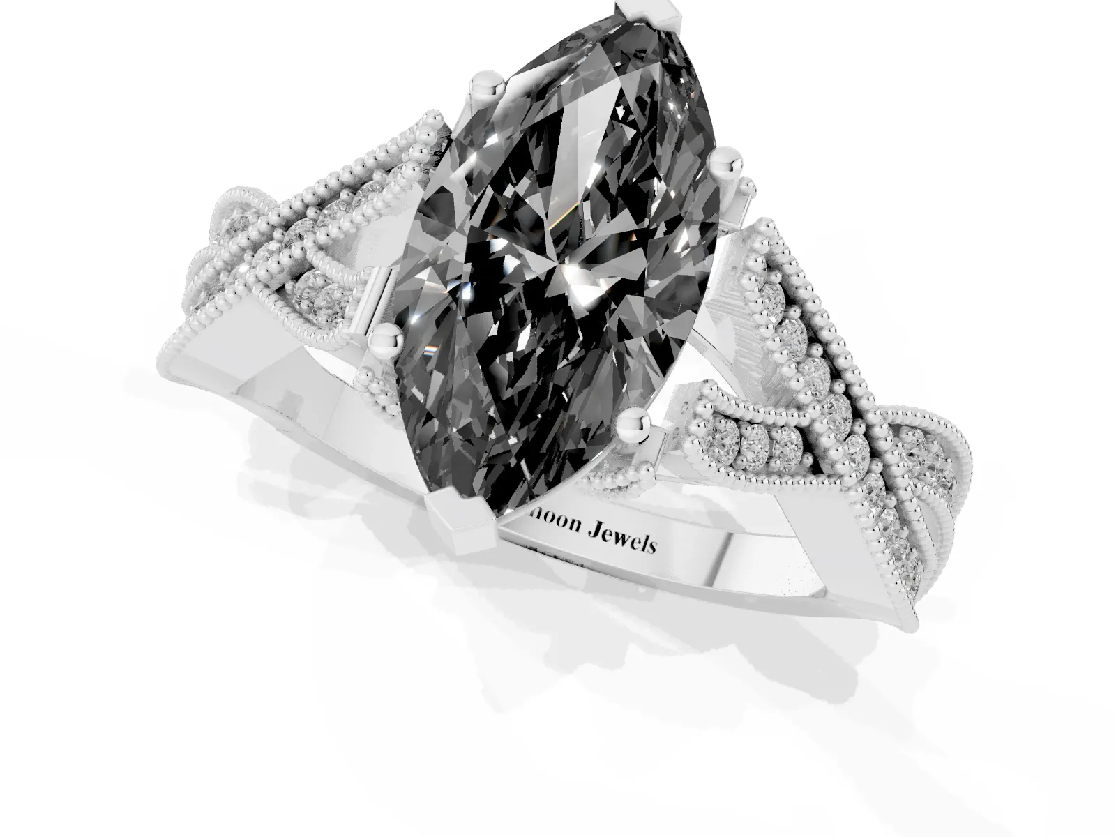 Fancy Black Marquise Cut Cut Diamond Twisted Band with Milgrain Pave Setting and Four-Prong Setting Platinum