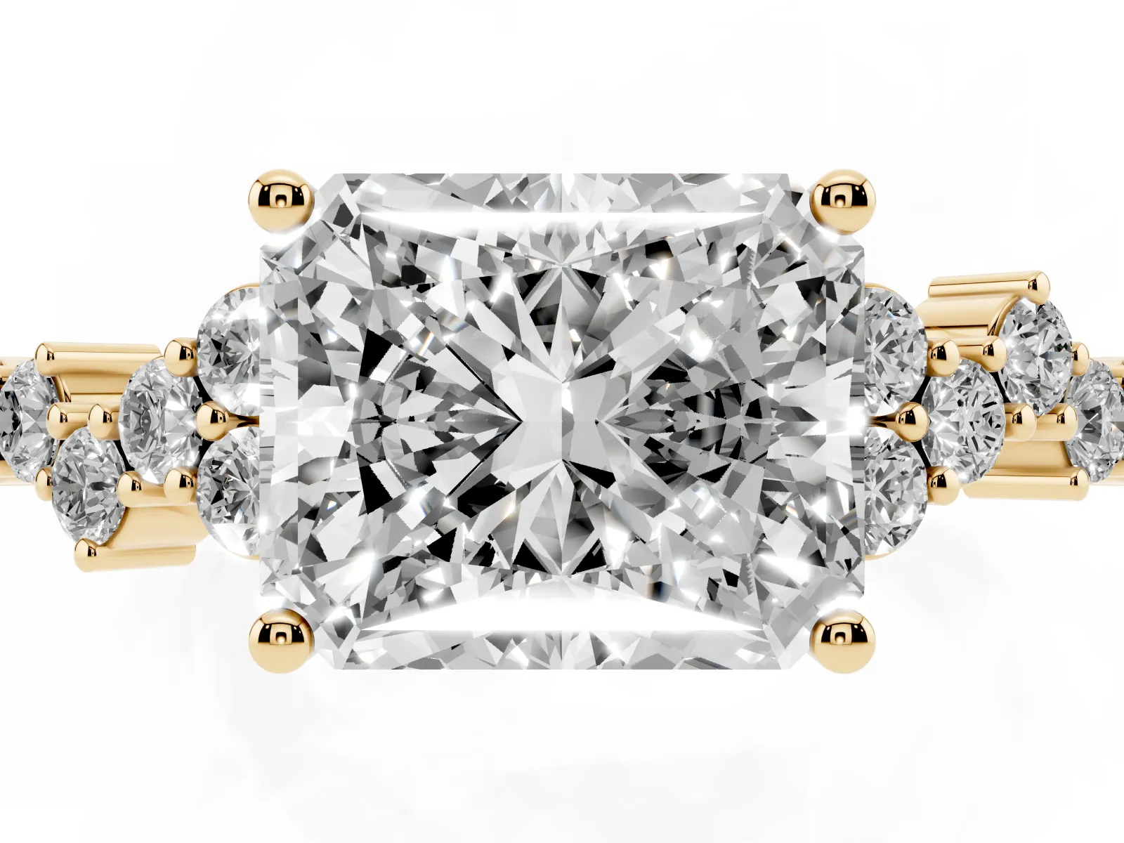 Radiant Cut Diamond Scattered Round Accent Ring with Prong Setting Yellow gold
