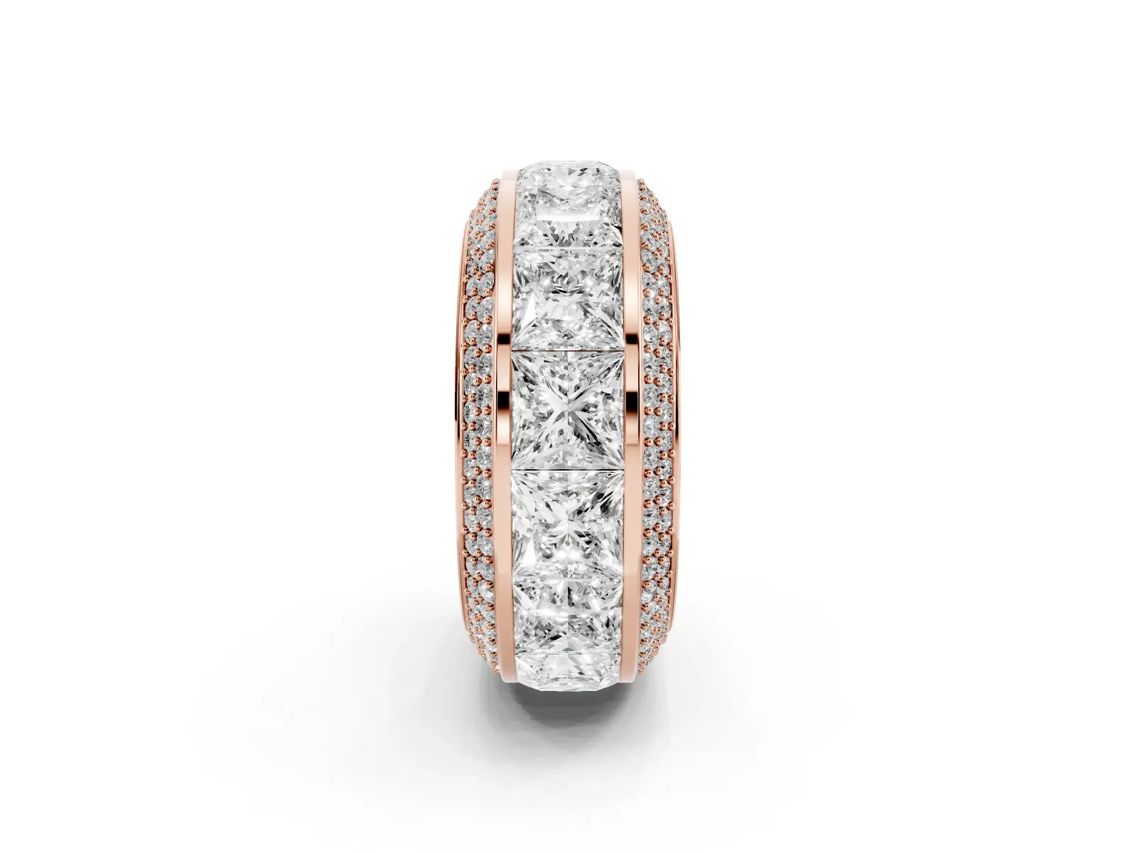 Princess Diamond Pavé Mens Wedding Band with Round Diamond Accents Rose gold