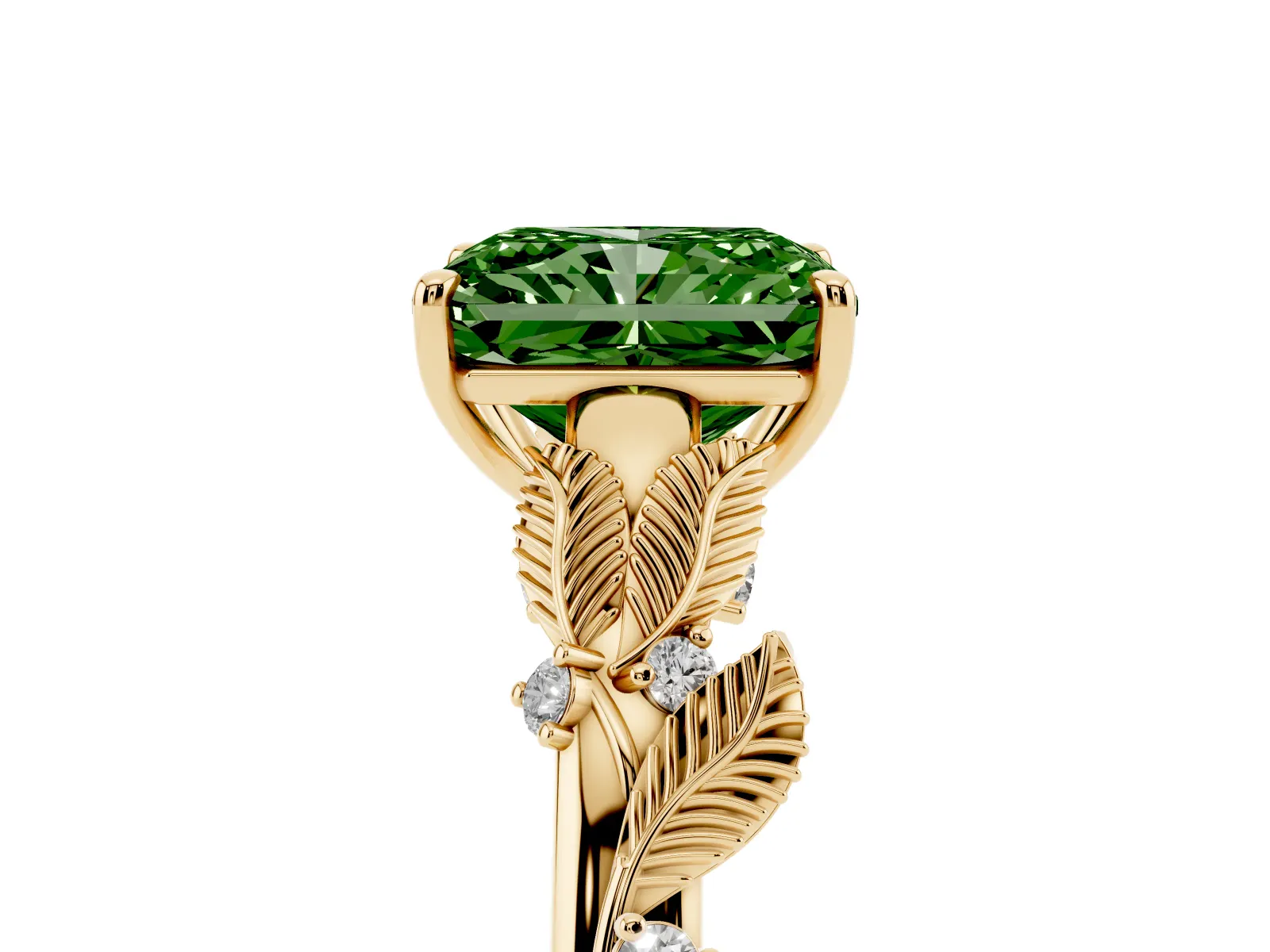 Fancy Green Radiant Cut Diamond Solitaire Ring with Leaf Motif Band and Four-Prong Setting Yellow gold