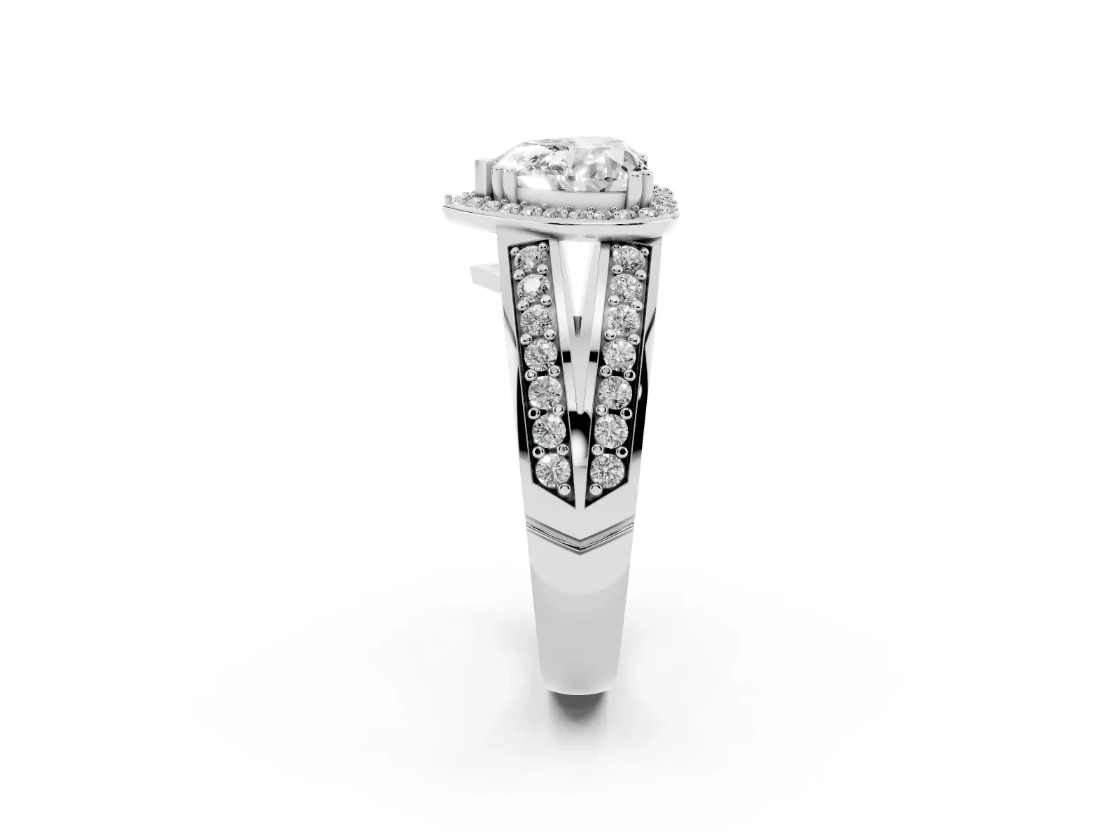 Heart Cut Diamond Halo Ring with Split Shank Pavé Band and Four-Prong Setting Platinum