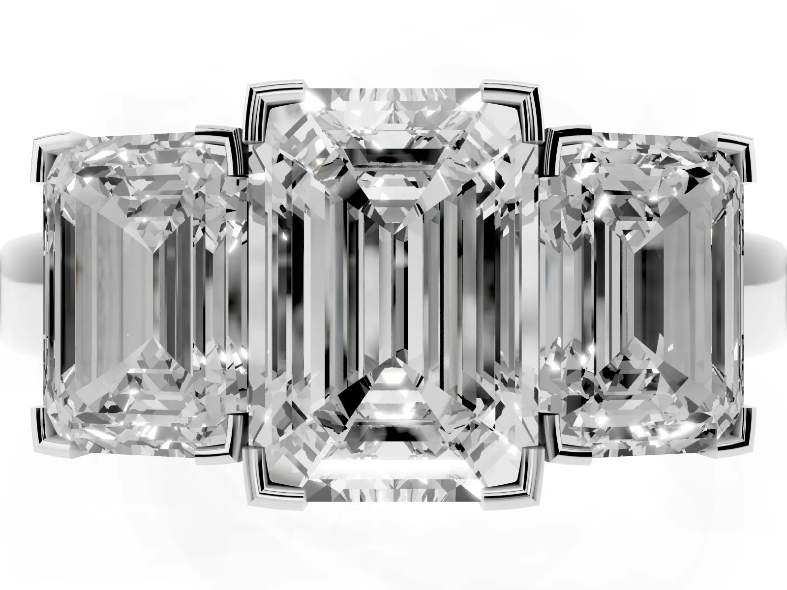 Three-Stone Emerald Cut Cut Diamond Ring with Channel Set Band and Four-Prong Setting Platinum