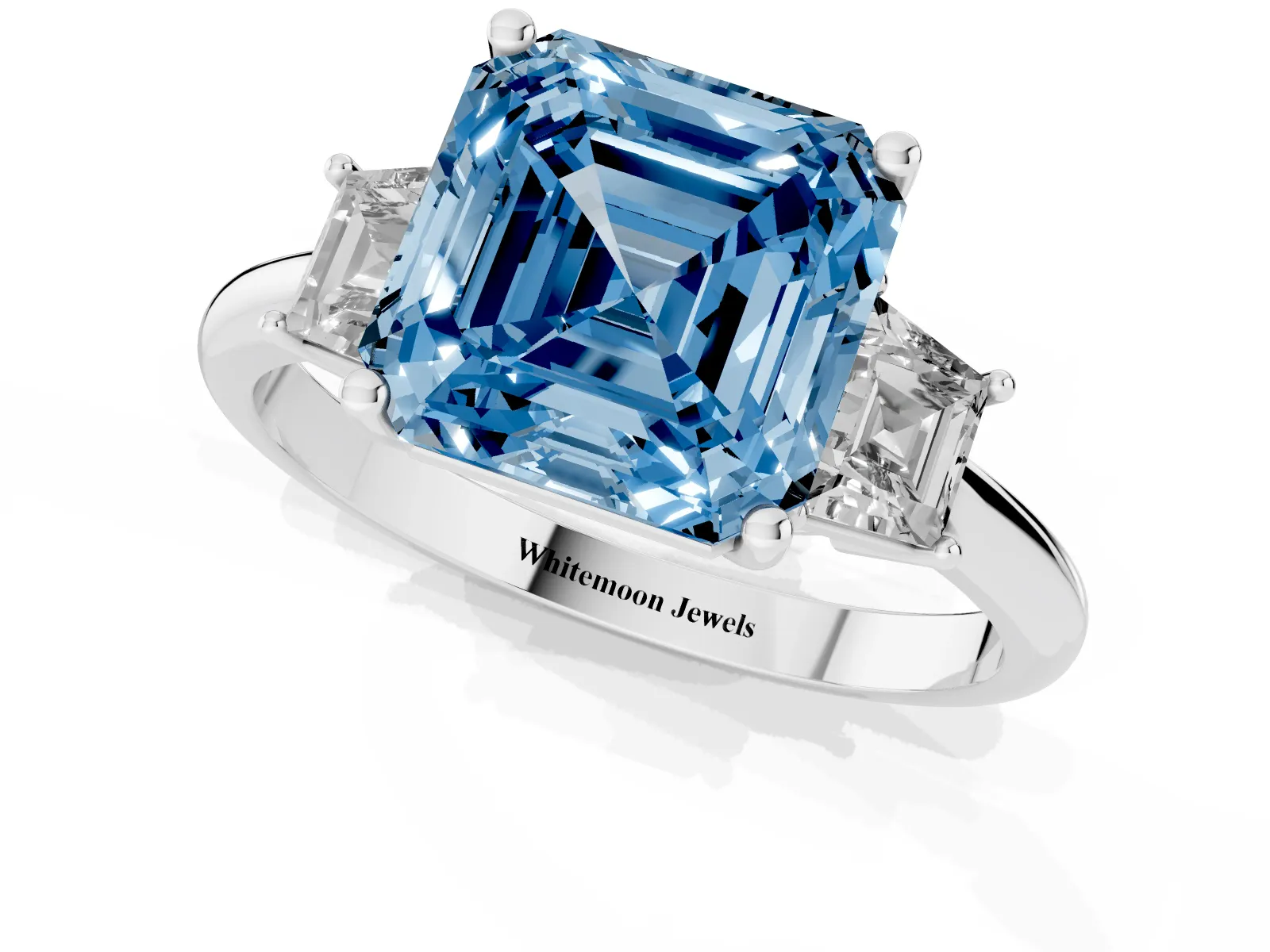 Fancy Blue Asscher Cut Diamond Three-Stone Ring with Trapezoid Side Stones and Prong Setting White gold