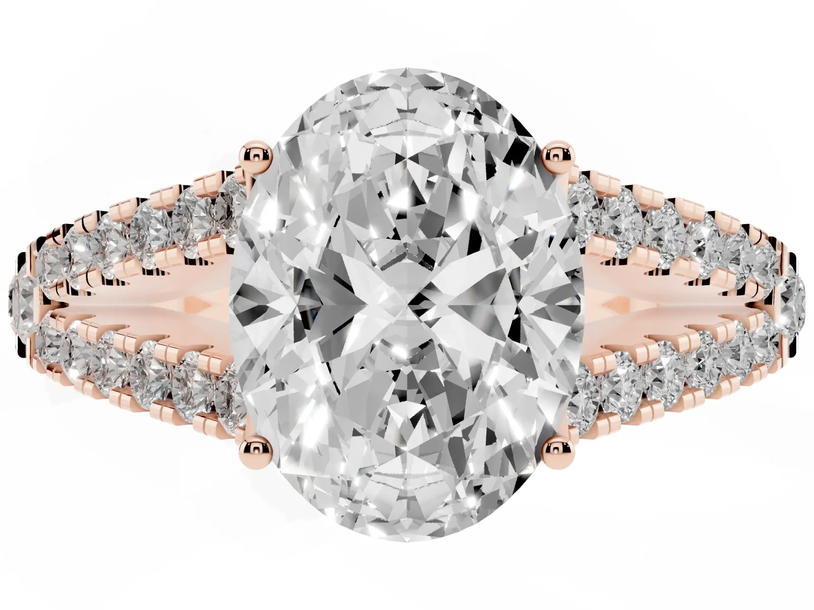 Oval Cut Diamond Split Shank Engagement Ring with Round Pavé and Prong Setting Rose gold
