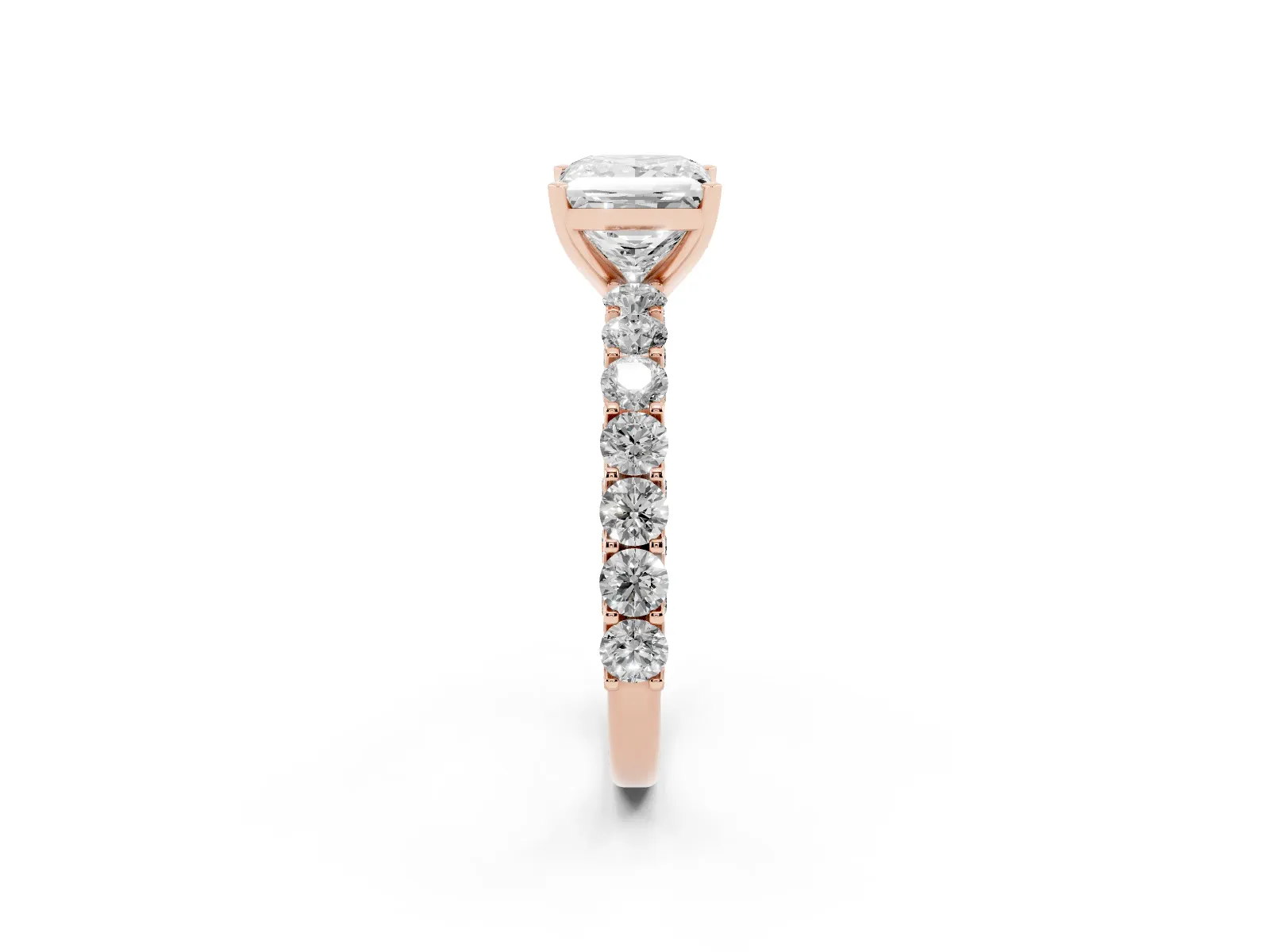 Princess Cut Diamond Solitaire Ring with Shared Prong Pavé Band and Four-Prong Setting Rose gold