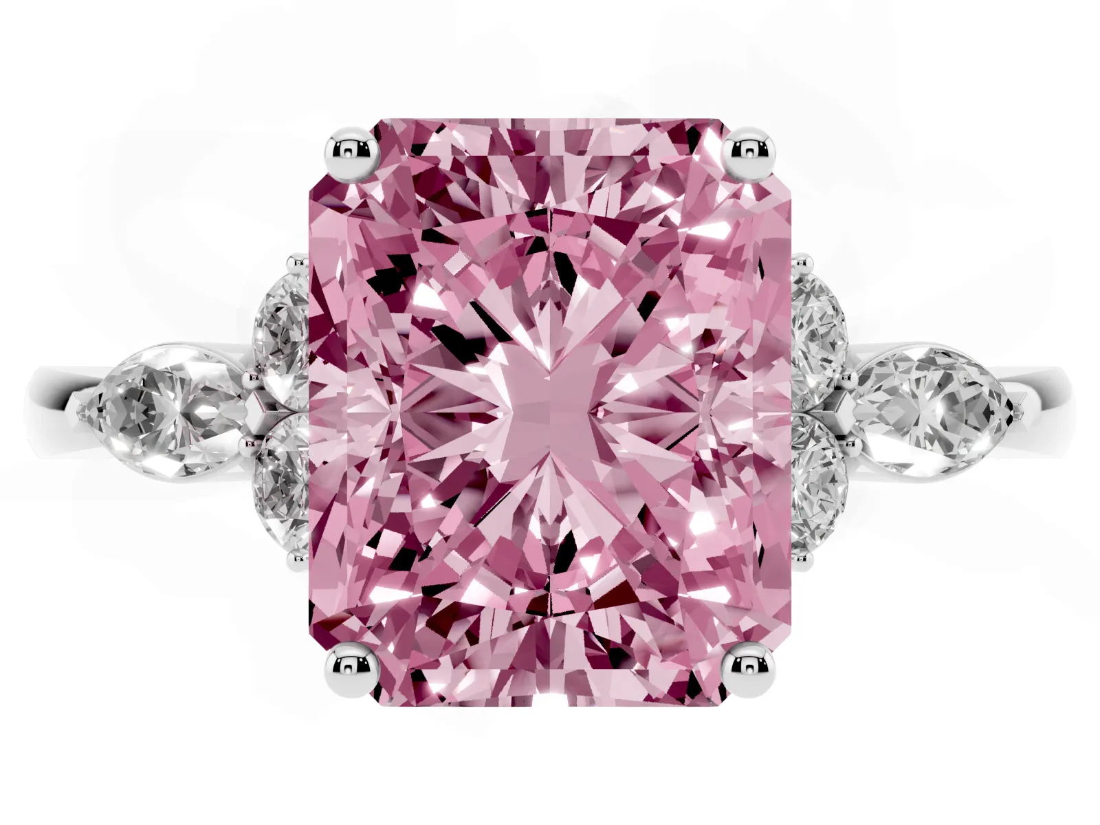 Fancy Pink Radiant Cut Brilliant Diamond Solitaire Ring with Pear Side Stones and Four-Prong Setting White gold