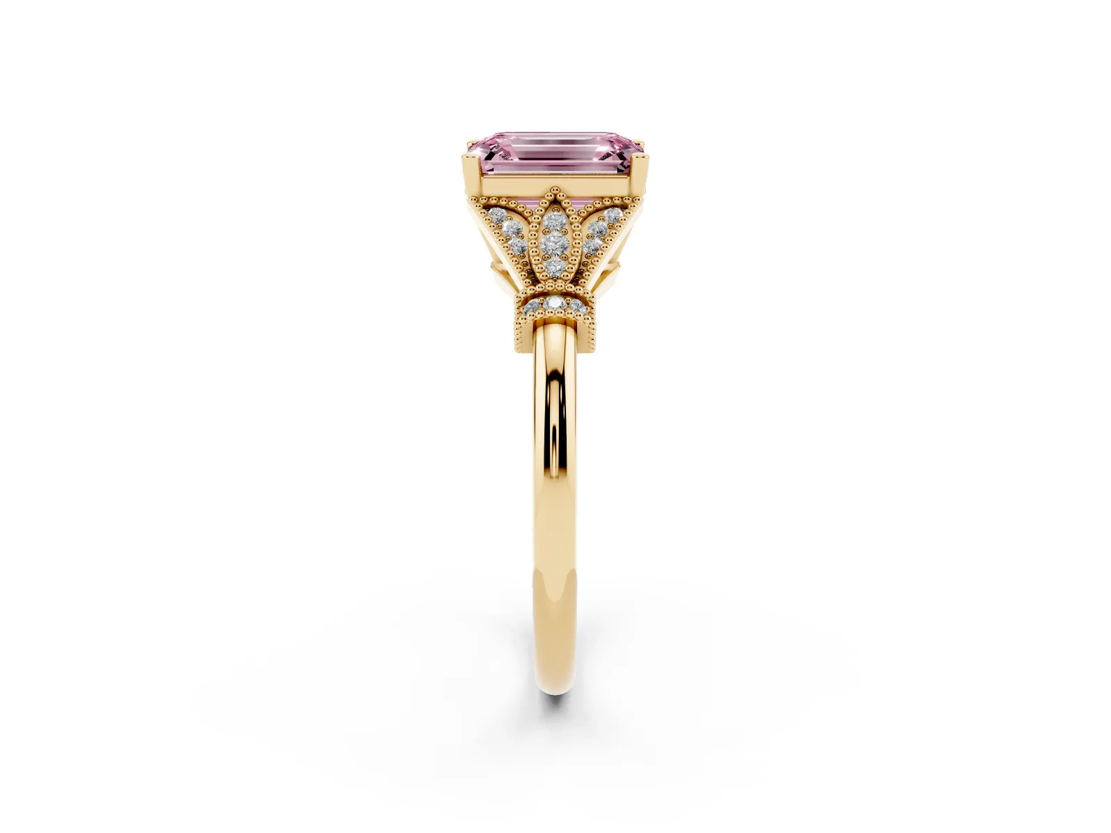 Fancy Pink Emerald Cut Diamond Solitaire Ring with Floral Filigree and Pave Accents Yellow gold