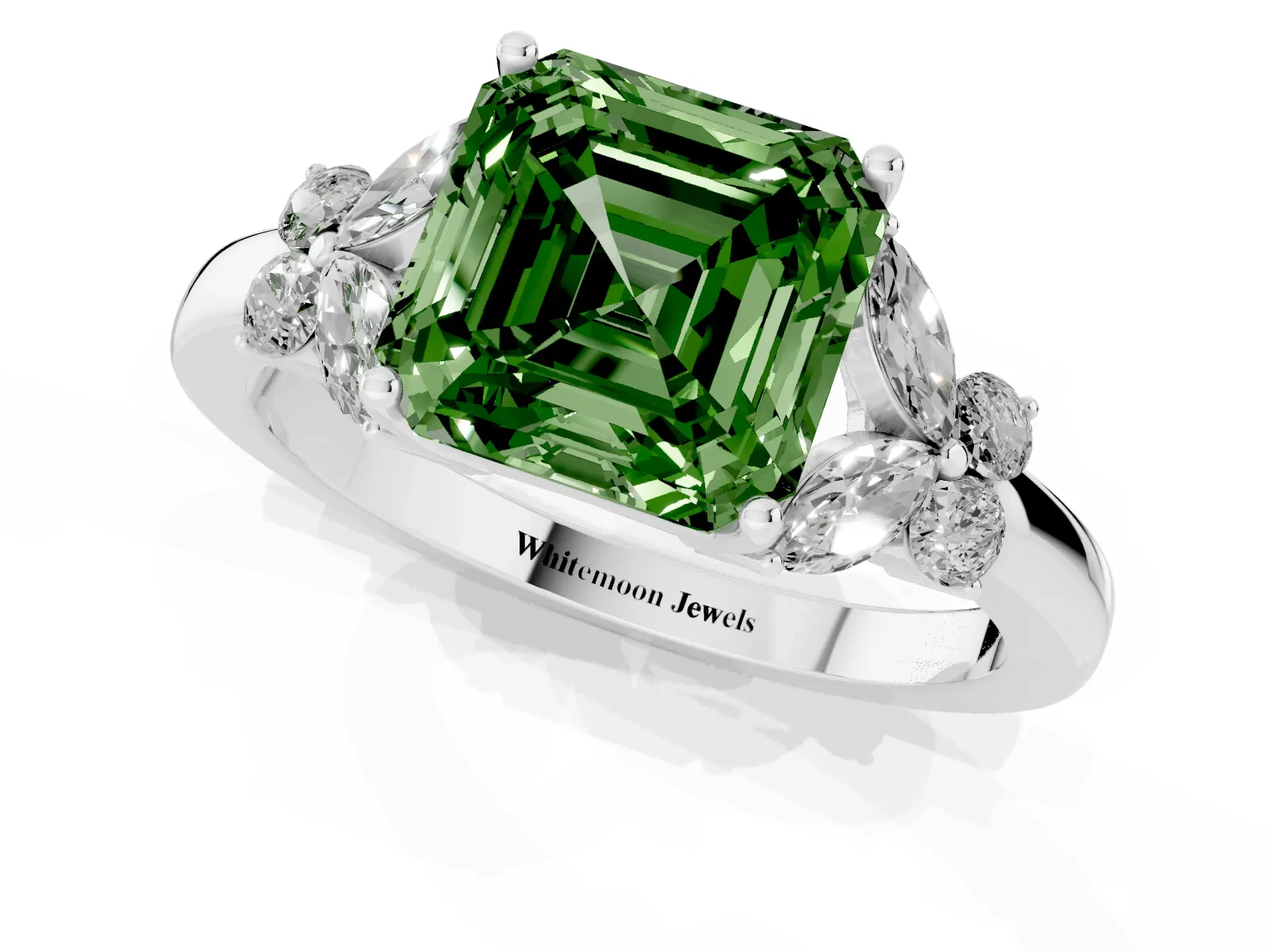 Fancy Green Asscher Cut Cut Solitaire Floral Diamond Ring with Four-Prong Setting Platinum