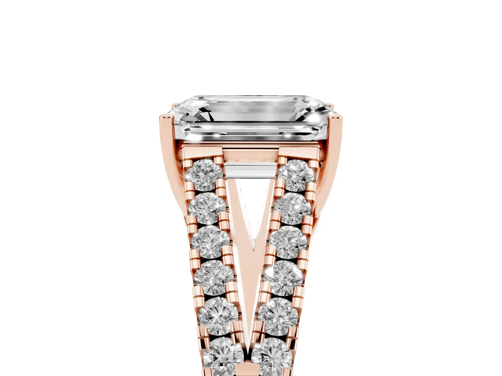 Emerald Cut Diamond Split Shank Engagement Ring with Round Pavé and Prong Setting Rose gold