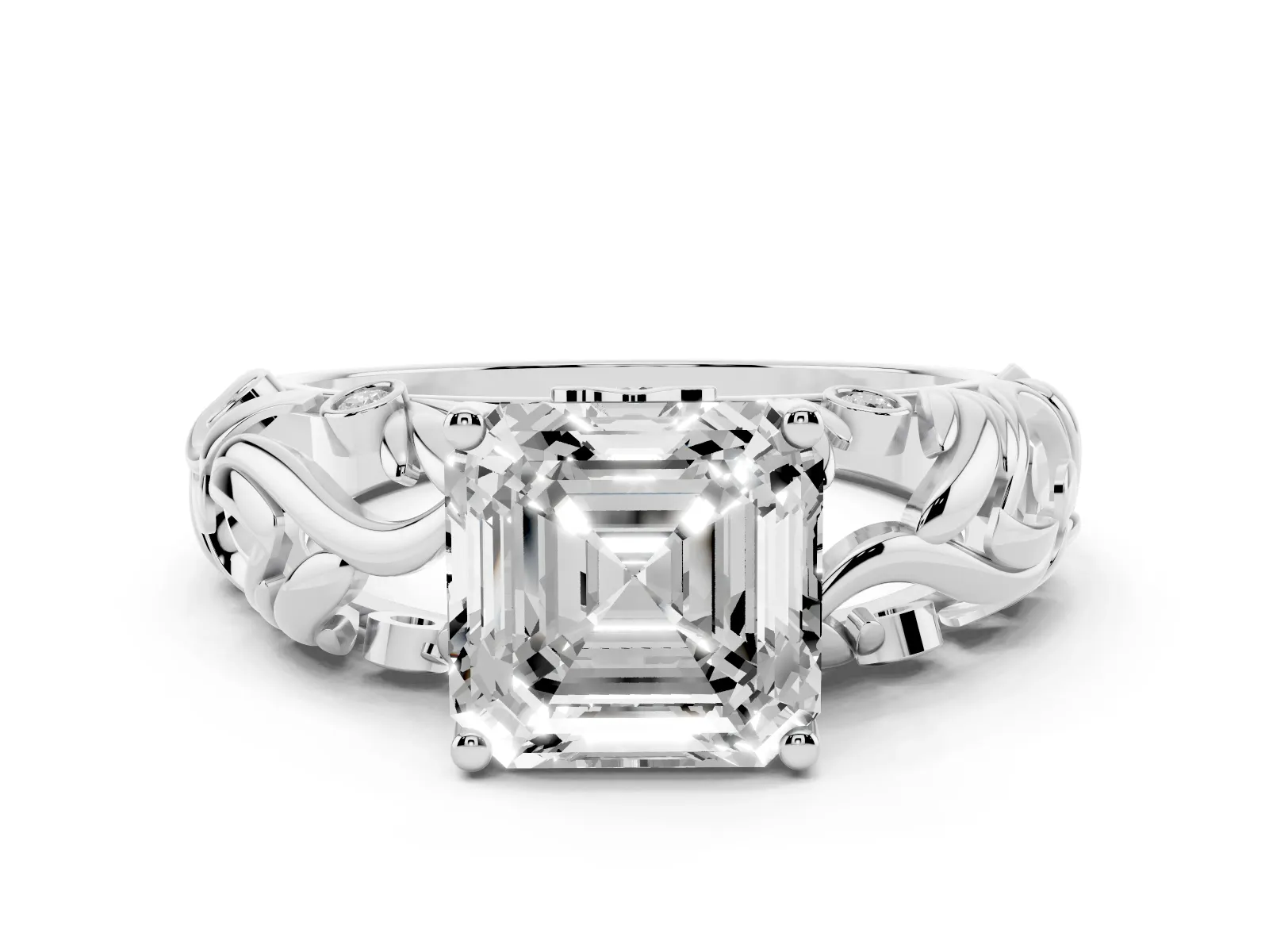 Asscher Cut Solitaire Diamond Leaf-Inspired Vine Band Ring with Prong Setting Platinum
