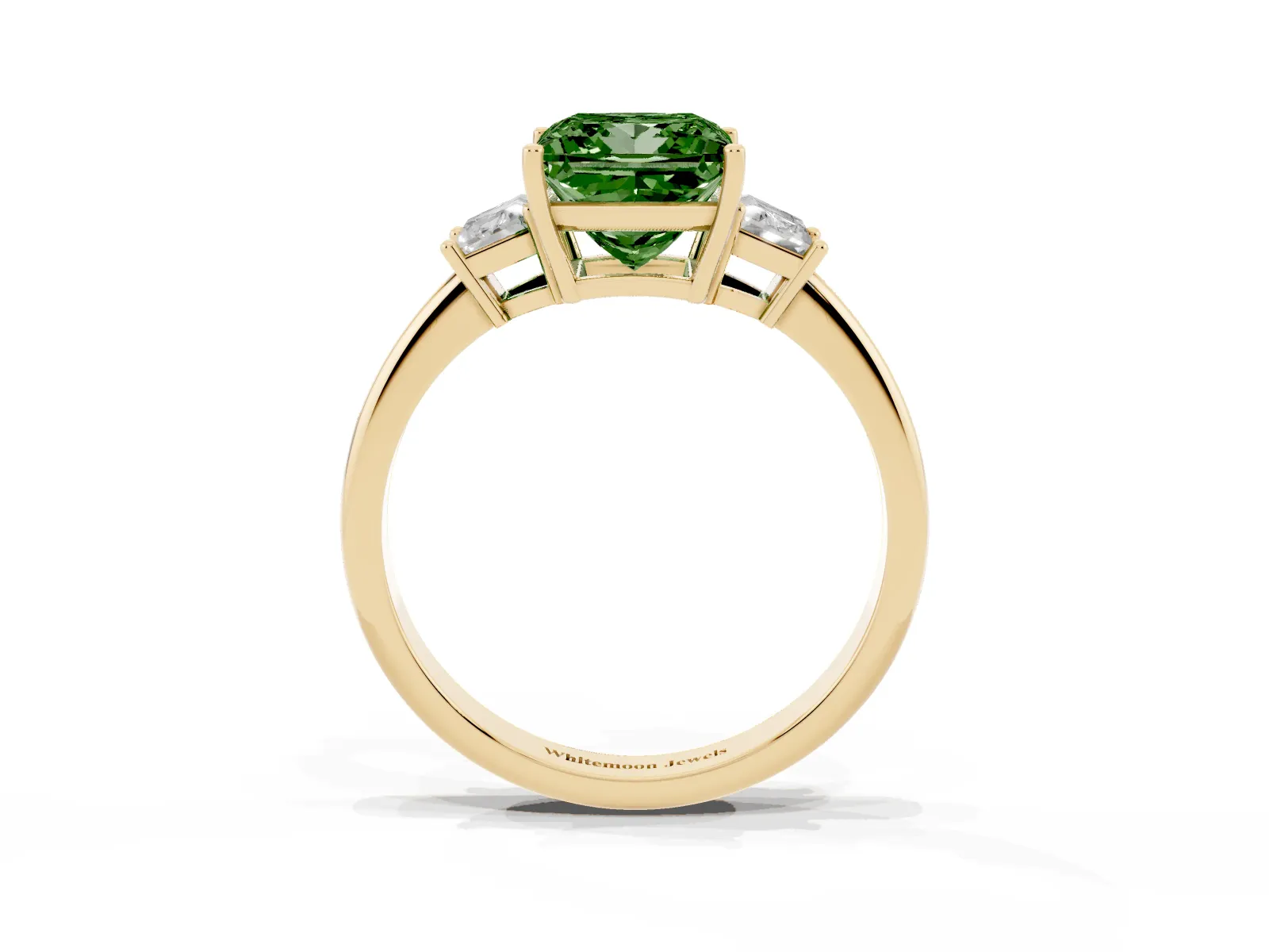 Fancy Green Princess Cut Diamond Three-Stone Ring with Trapezoid Side Stones and Prong Setting Yellow gold