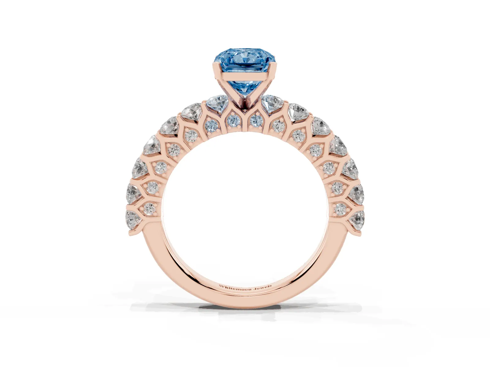Fancy Blue Radiant Cut Diamond Solitaire Ring with Shared Prong Pavé Band and Four-Prong Setting Rose gold