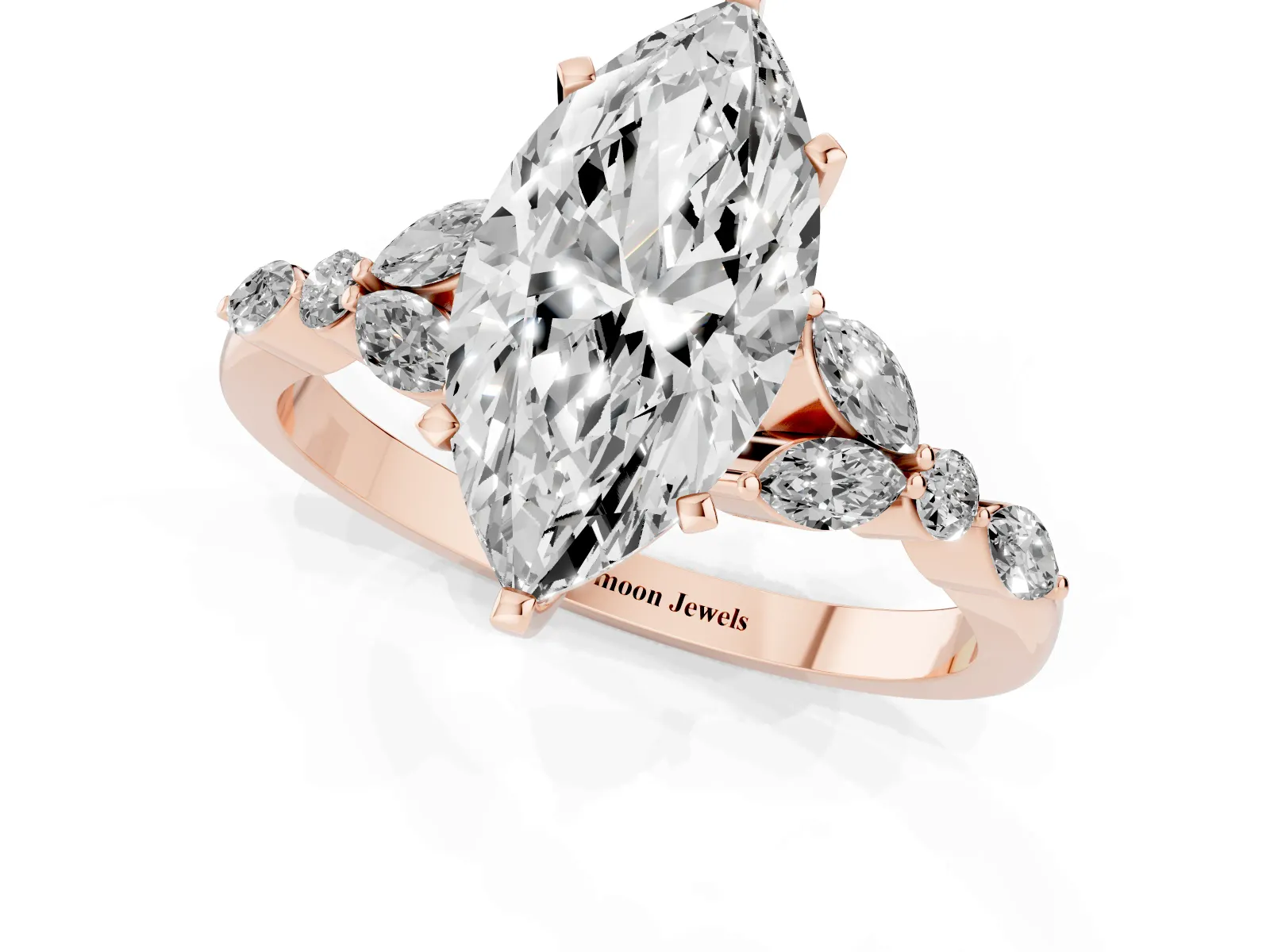 Marquise Cut Diamond Solitaire Ring with Side Stones and Four-Prong Setting Rose gold