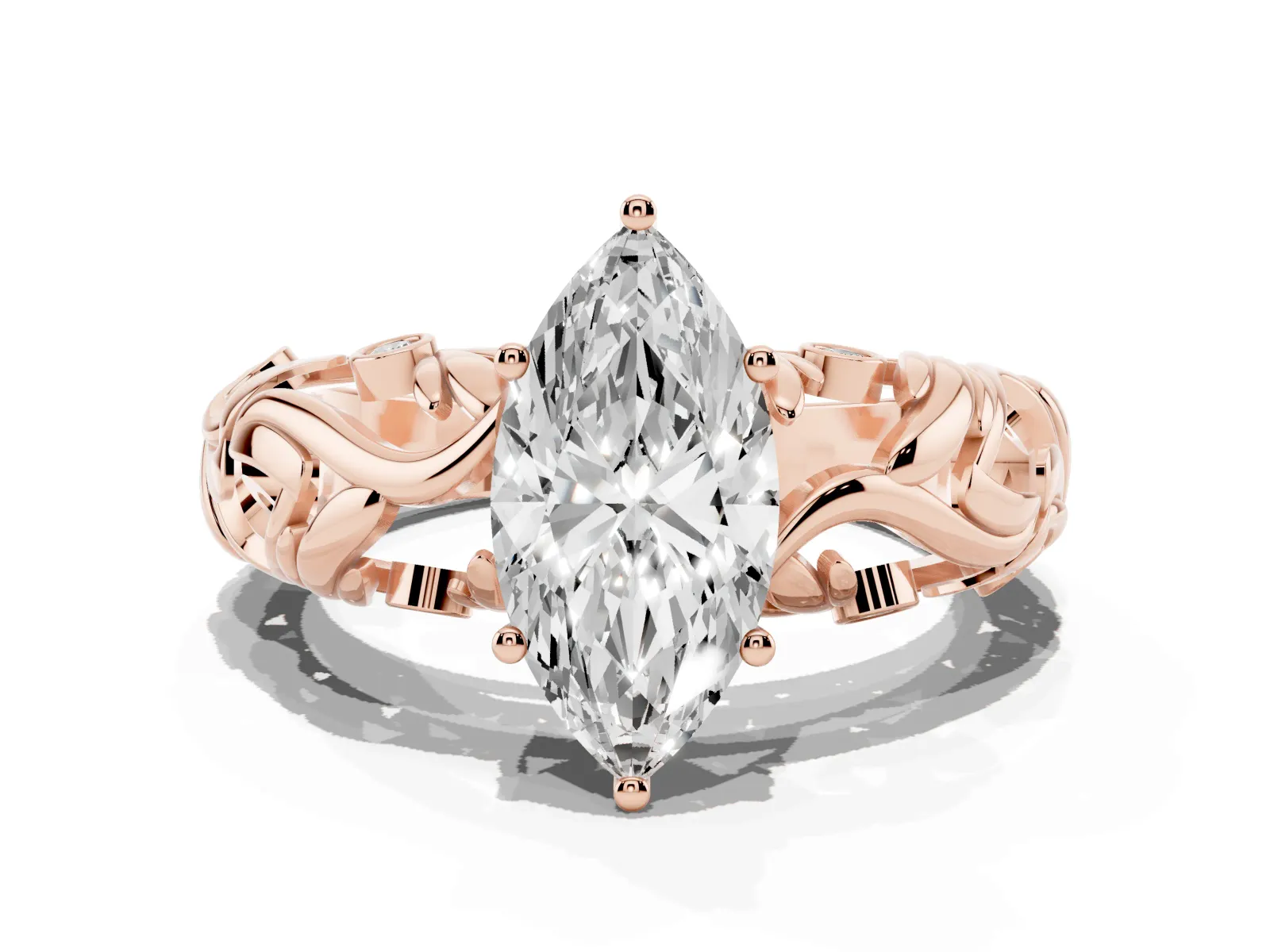 Marquise Cut Solitaire Diamond Leaf-Inspired Vine Band Ring with Prong Setting Rose gold
