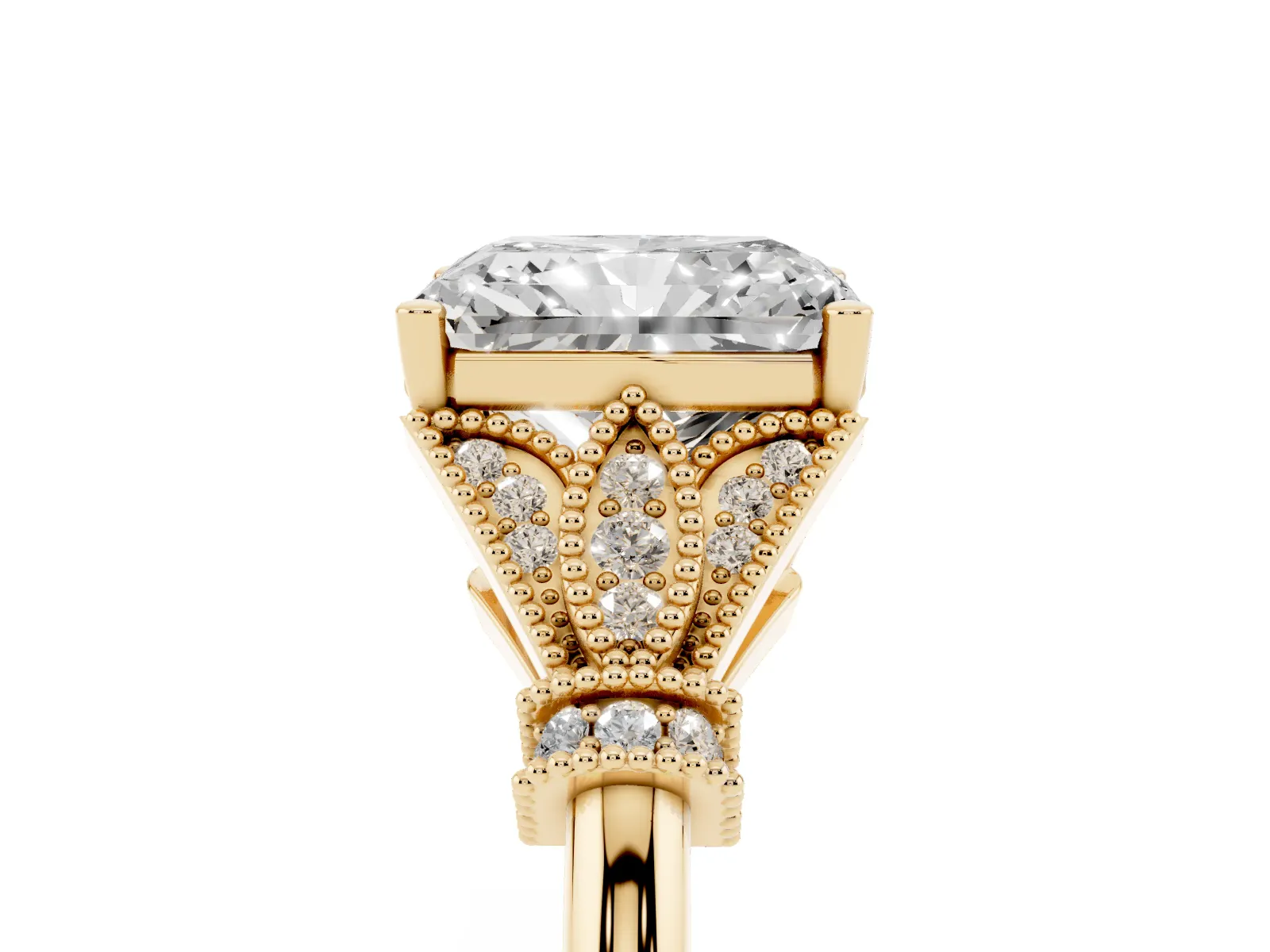 Radiant Cut Diamond Solitaire Ring with Floral Filigree and Pave Accents Yellow gold