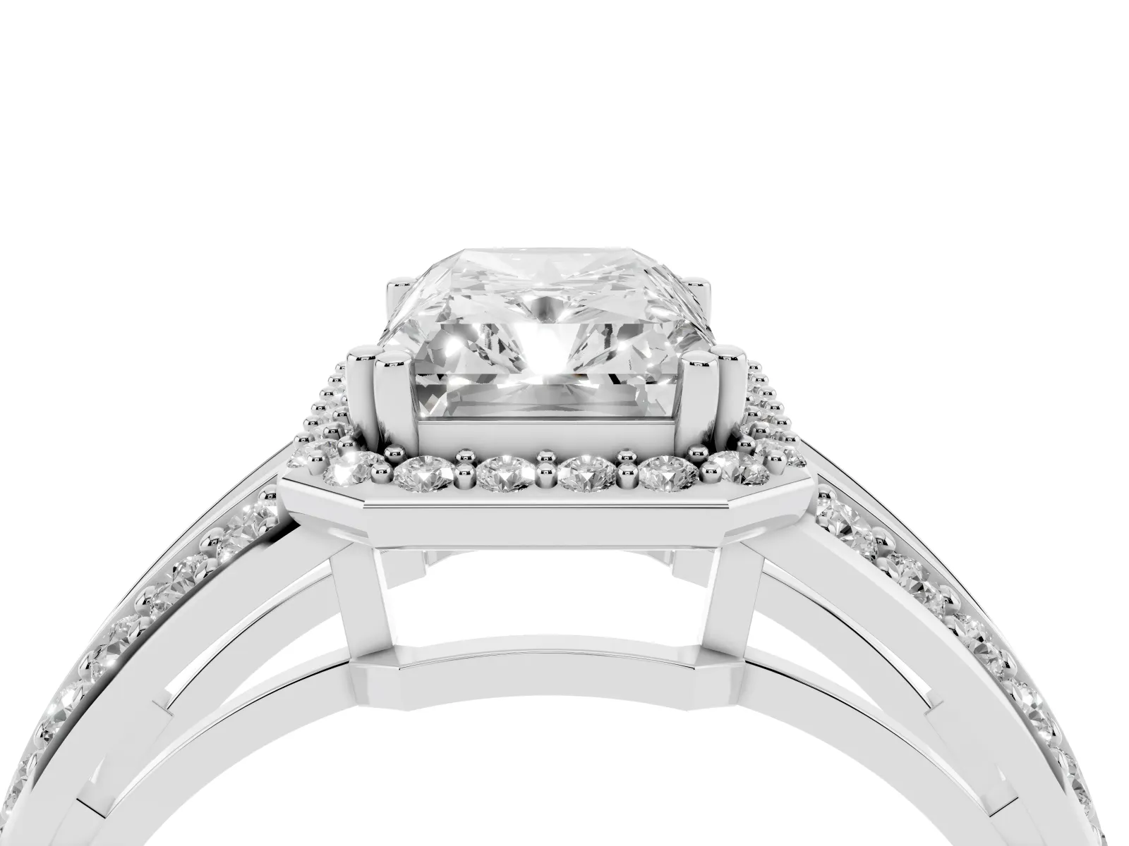 Radiant Cut Diamond Halo Ring with Split Shank Pavé Band and Four-Prong Setting White gold