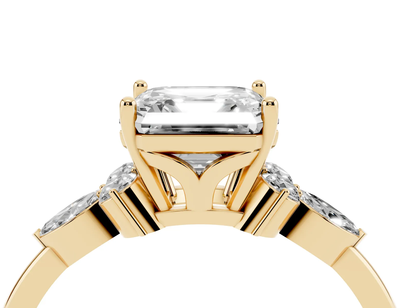 Asscher Cut Brilliant Diamond Solitaire Ring with Pear Side Stones and Four-Prong Setting Yellow gold