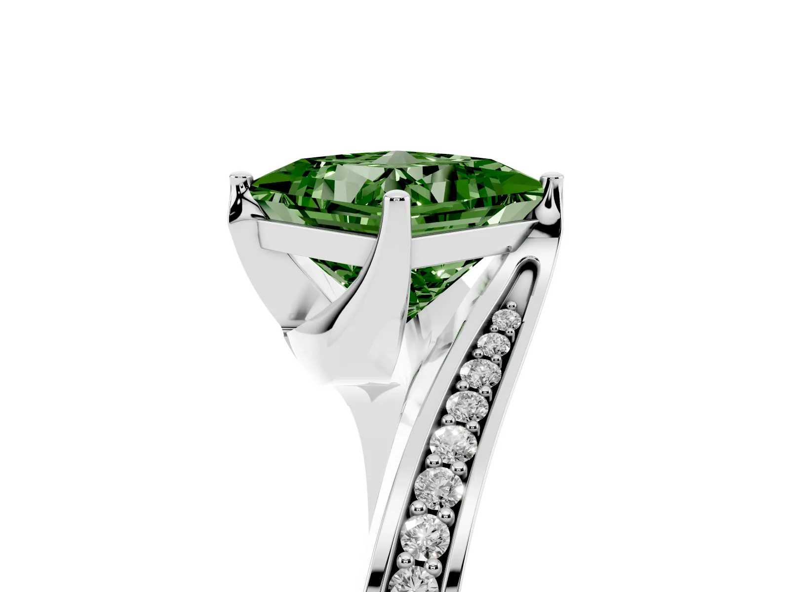 Fancy Green Princess Cut Solitaire Diamond Twist Band with Pavé Setting and Four-Prong Setting Platinum