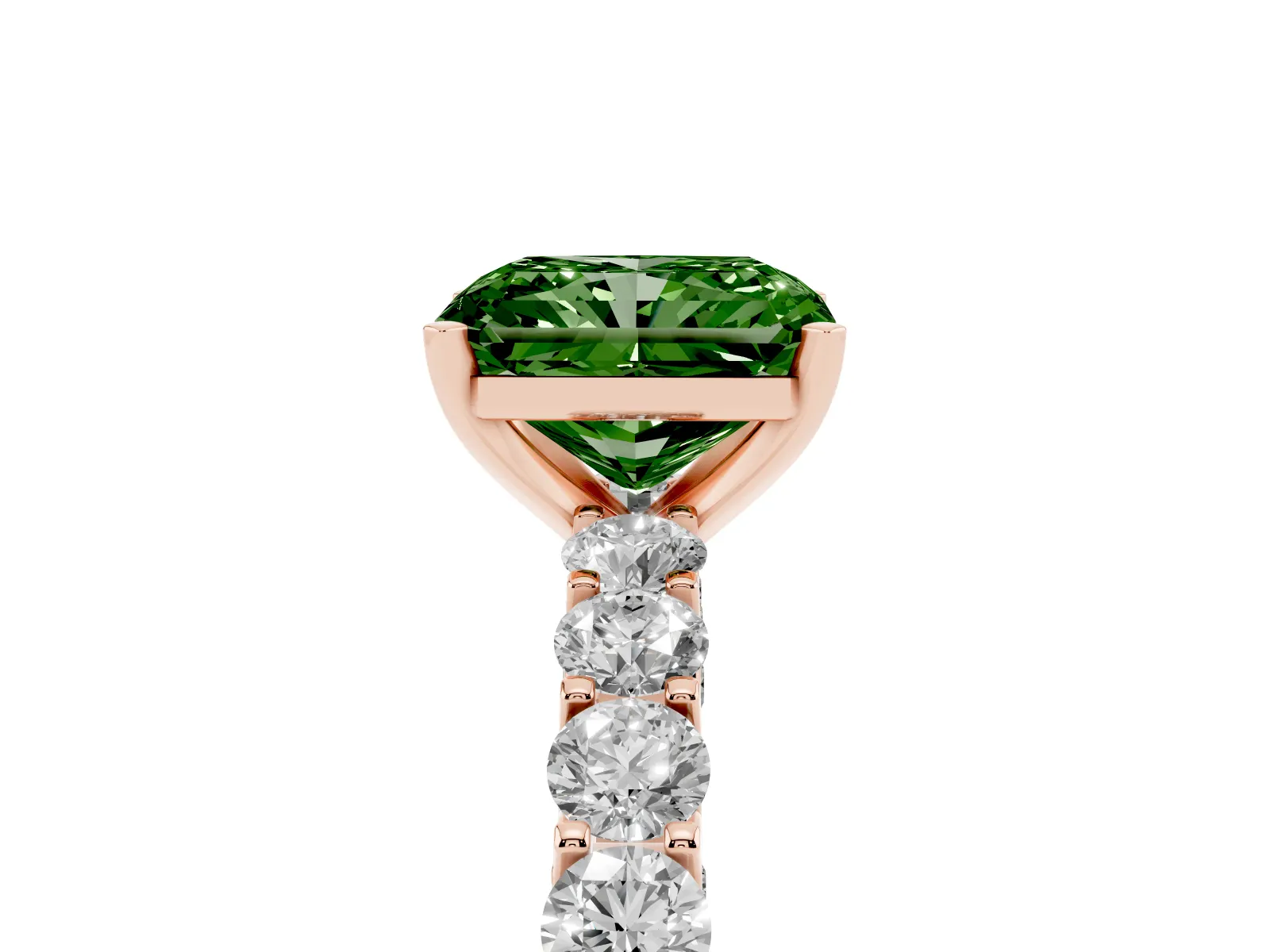 Fancy Green Radiant Cut Diamond Solitaire Ring with Shared Prong Pavé Band and Four-Prong Setting Rose gold