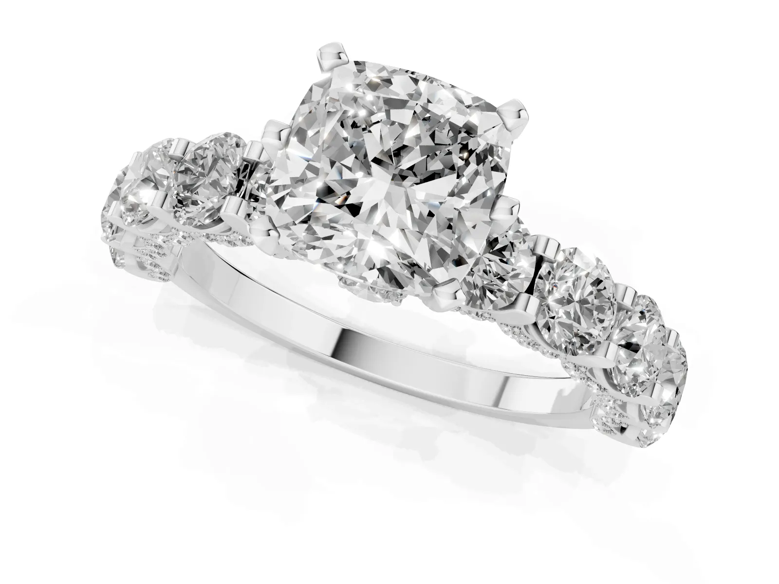 Cushion Cut Diamond Side Stone Engagement Ring with Four-Prong Setting White gold