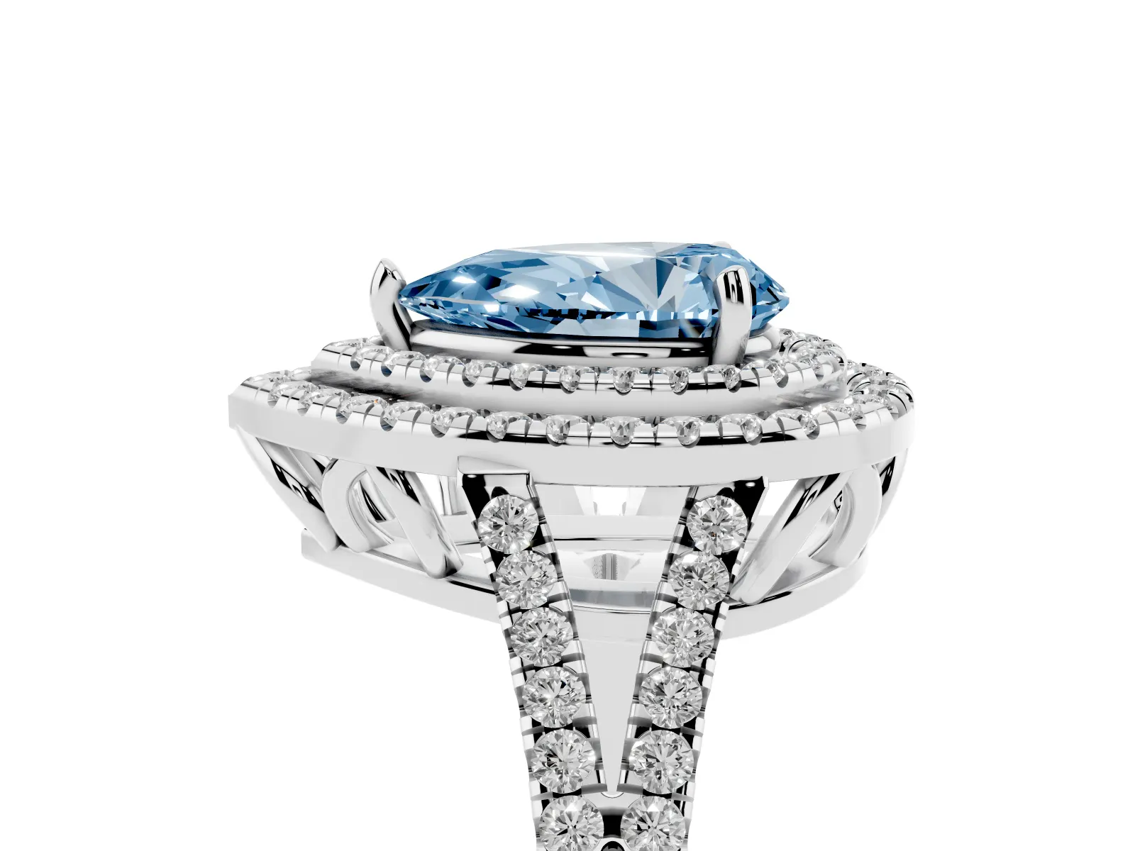 Fancy Blue Pear Cut Diamond Double Halo Ring with Pavé Band and Prong Setting Platinum