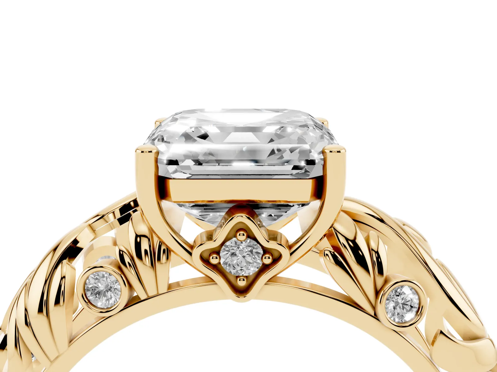 Asscher Cut Solitaire Diamond Leaf-Inspired Vine Band Ring with Prong Setting Yellow gold